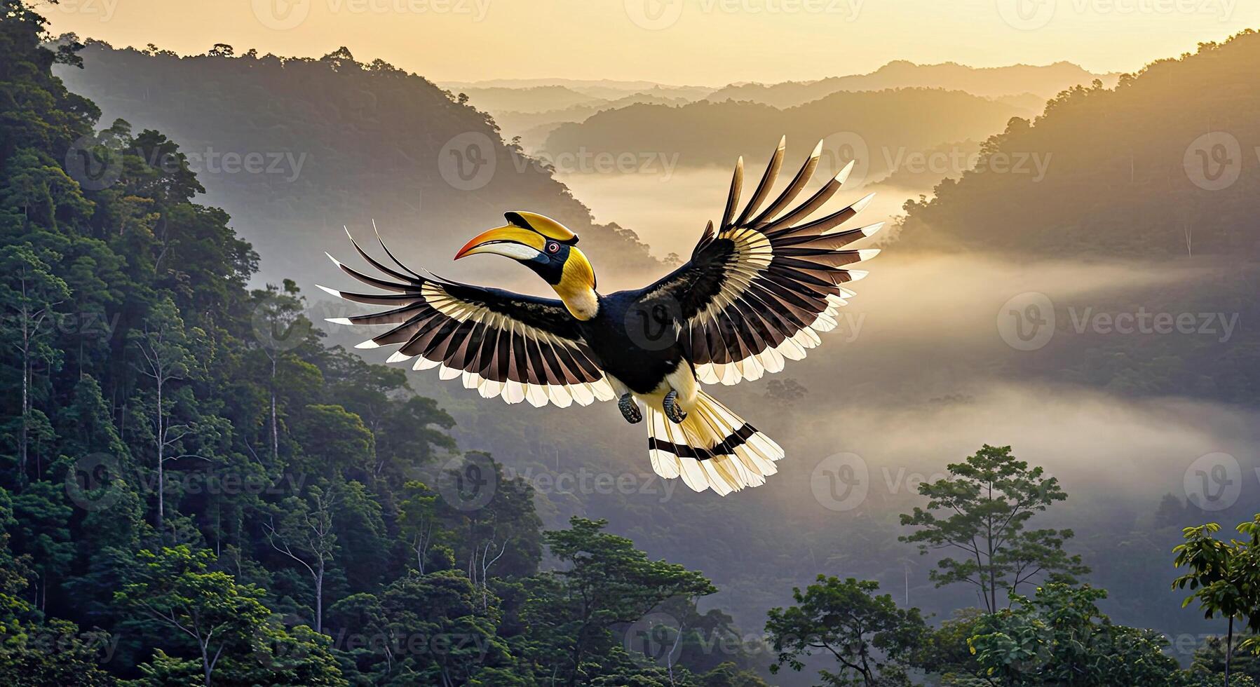A bird flying over a forest with trees and mountains photo