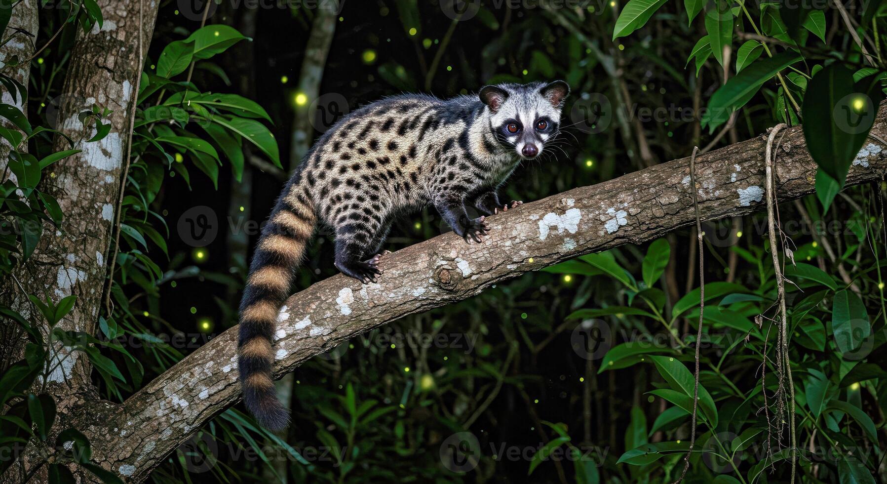 A small animal is sitting on a branch in the dark photo