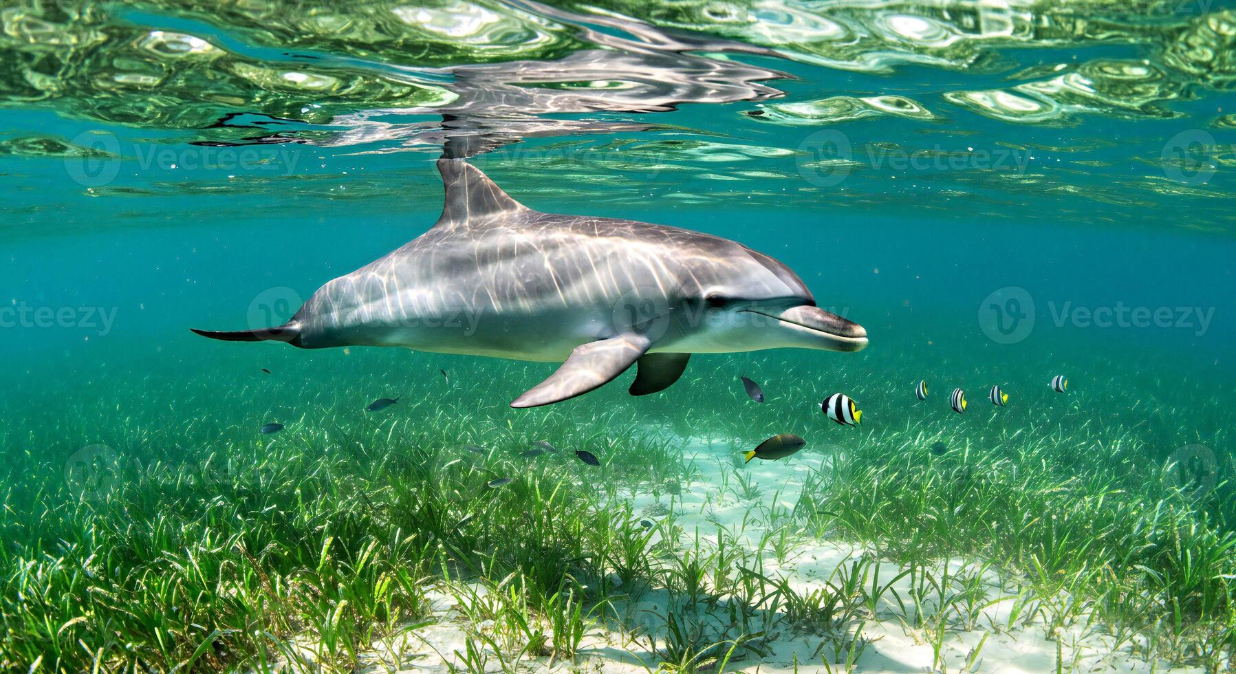 A dolphin swimming in the ocean with grass photo