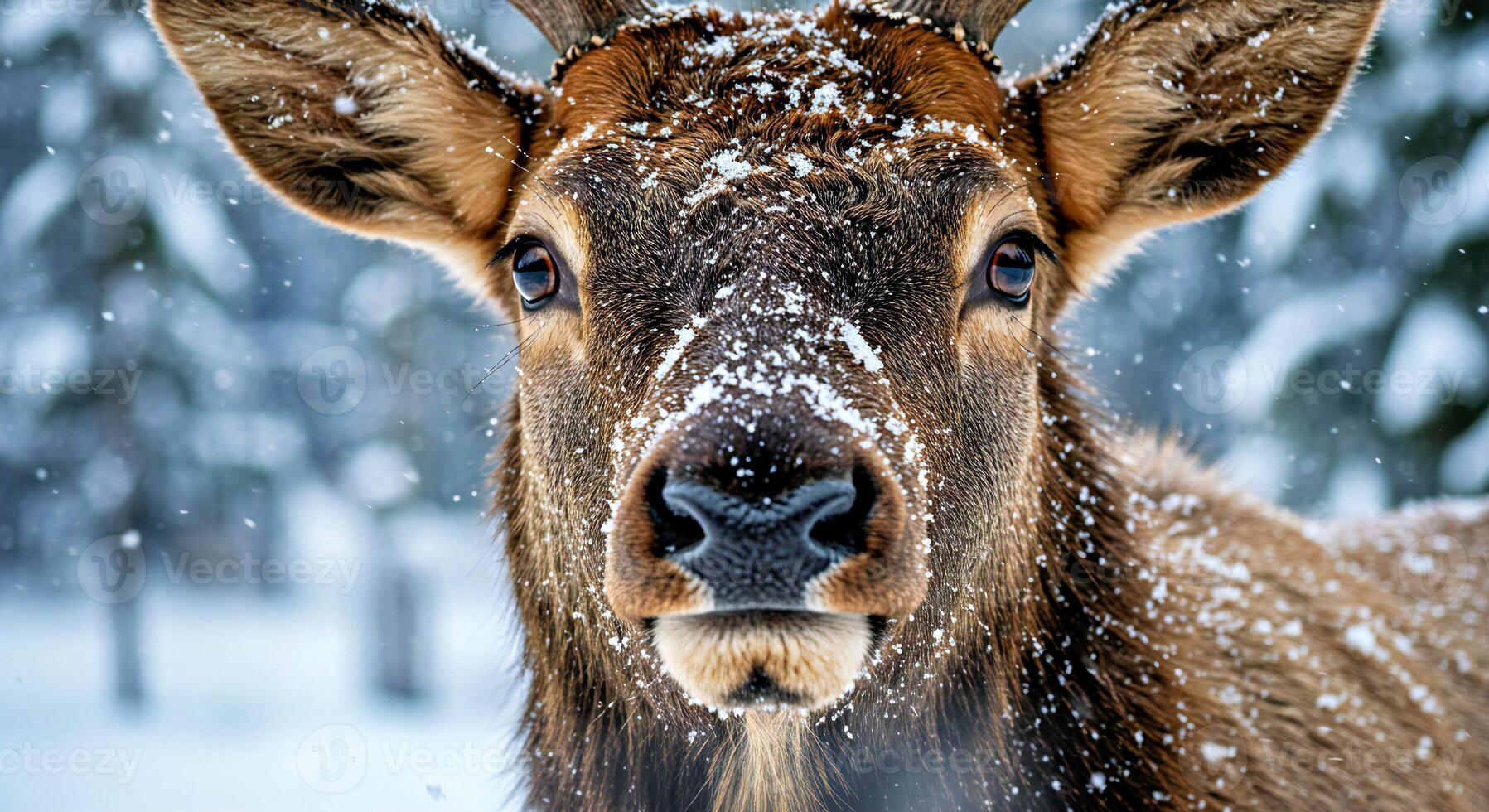 A close up of a deer in the snow photo