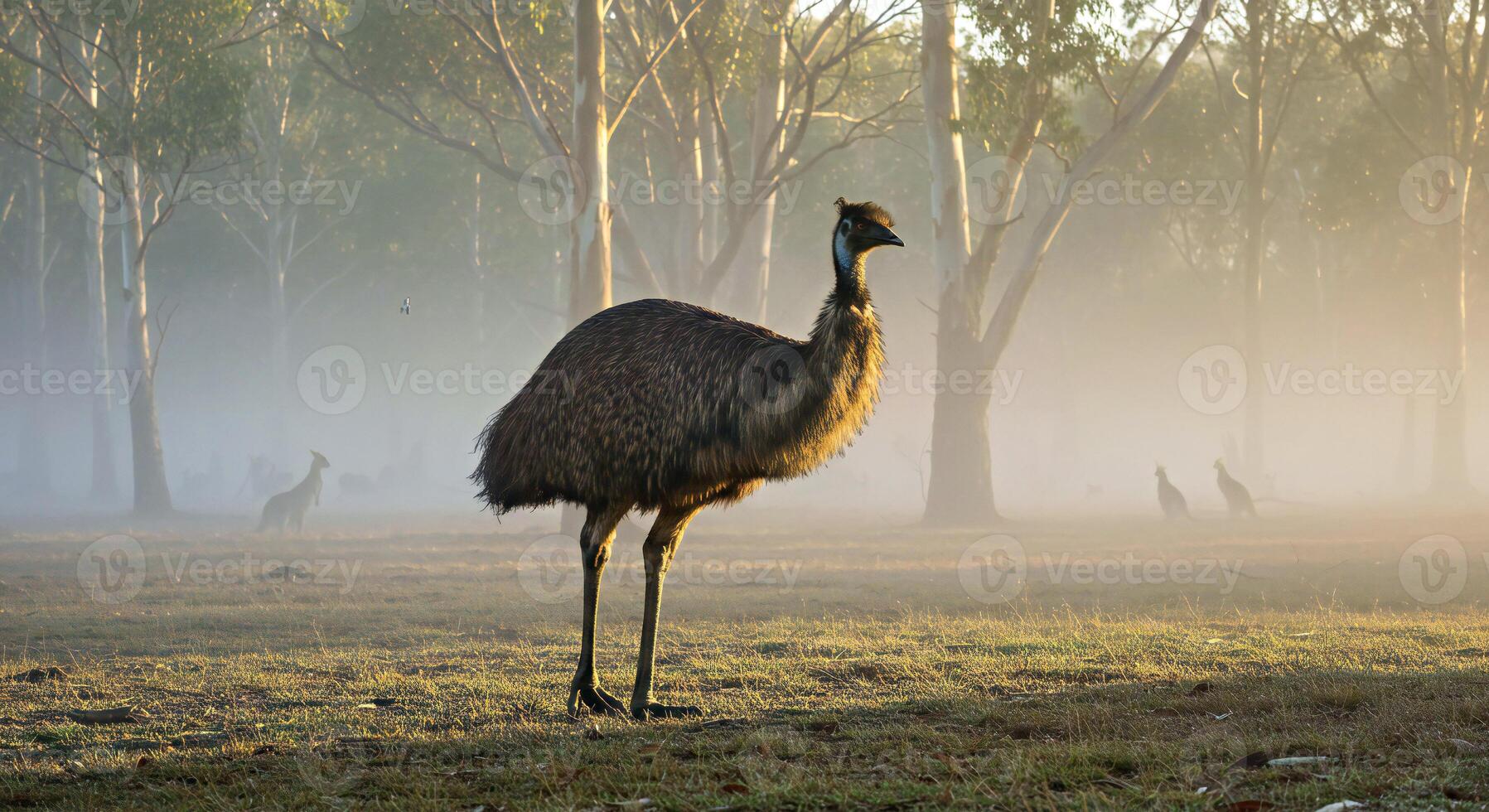 A large bird standing in a field with trees in the background photo