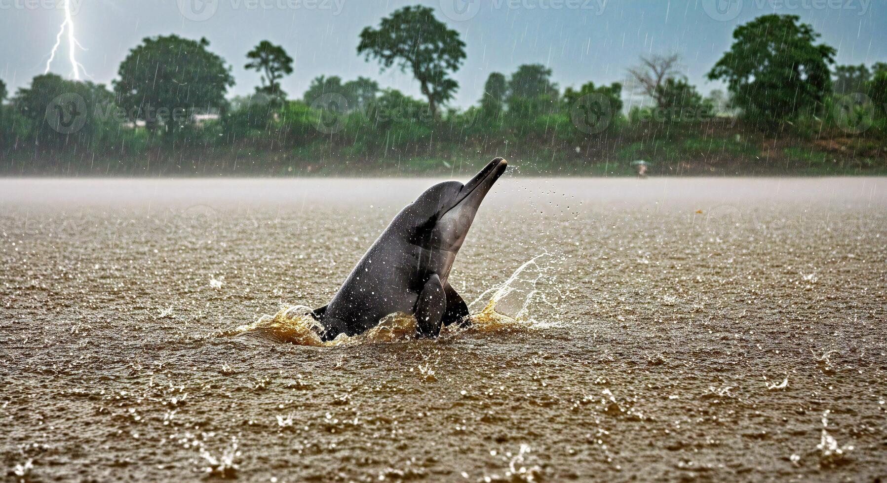A dolphin is jumping out of the water in the rain photo