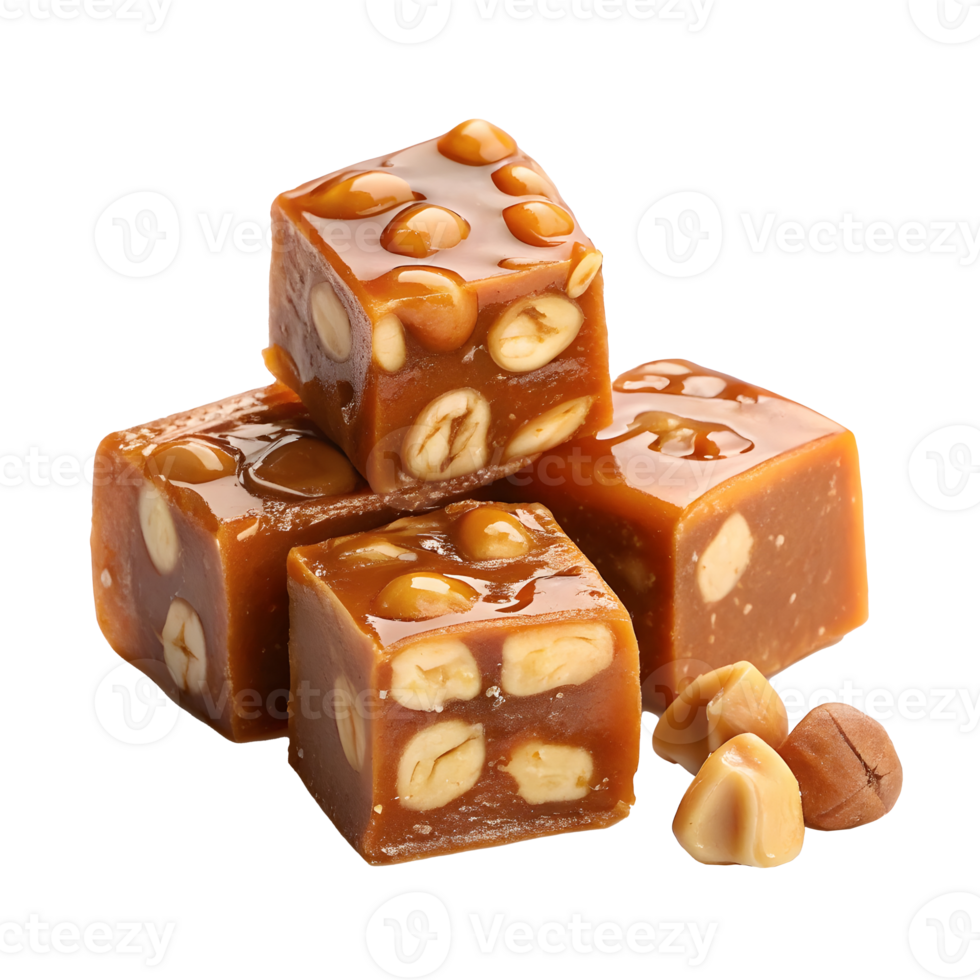 Handmade caramel squares with nuts on a transparent background png