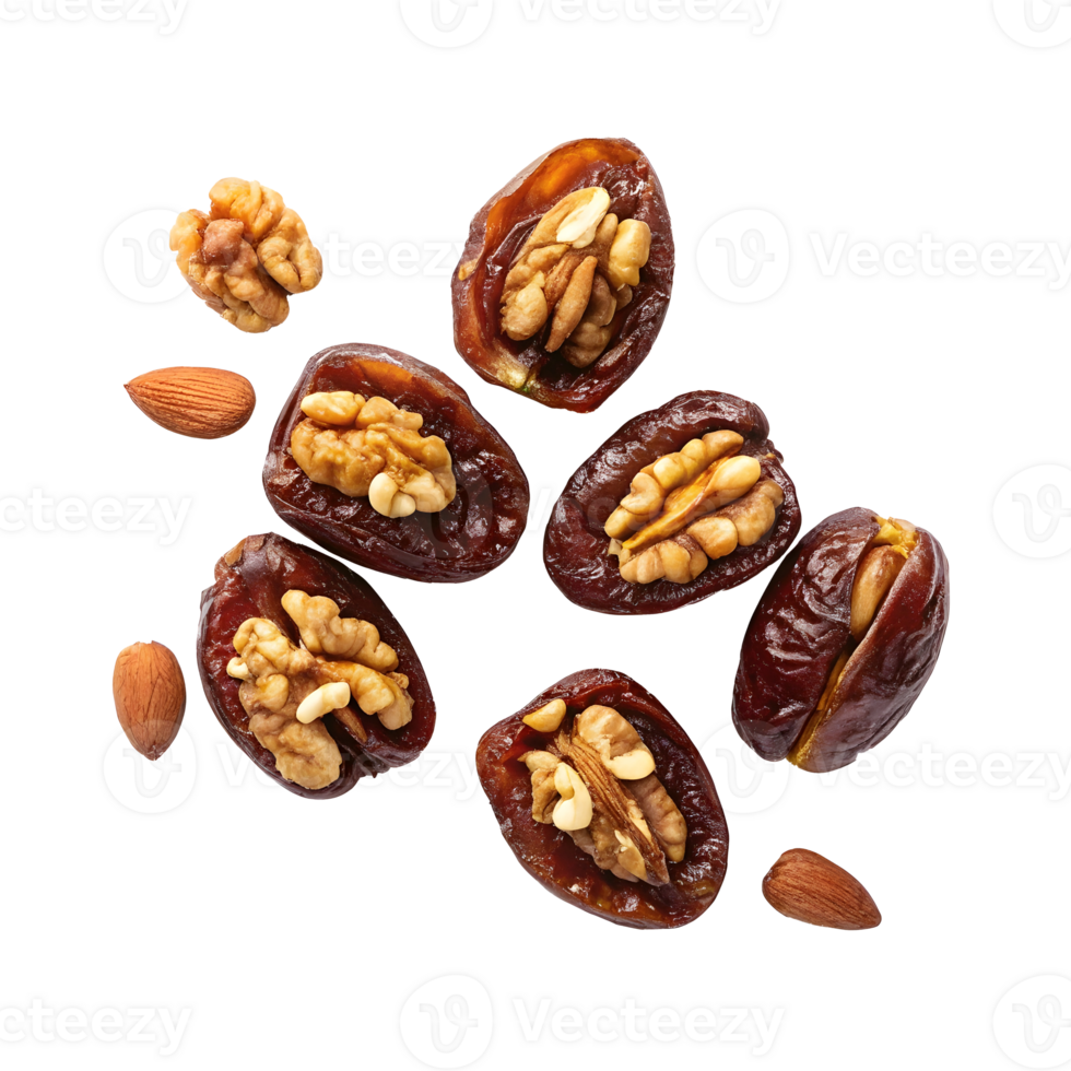 Delicious stuffed dates with walnuts and almonds on a transparent background png