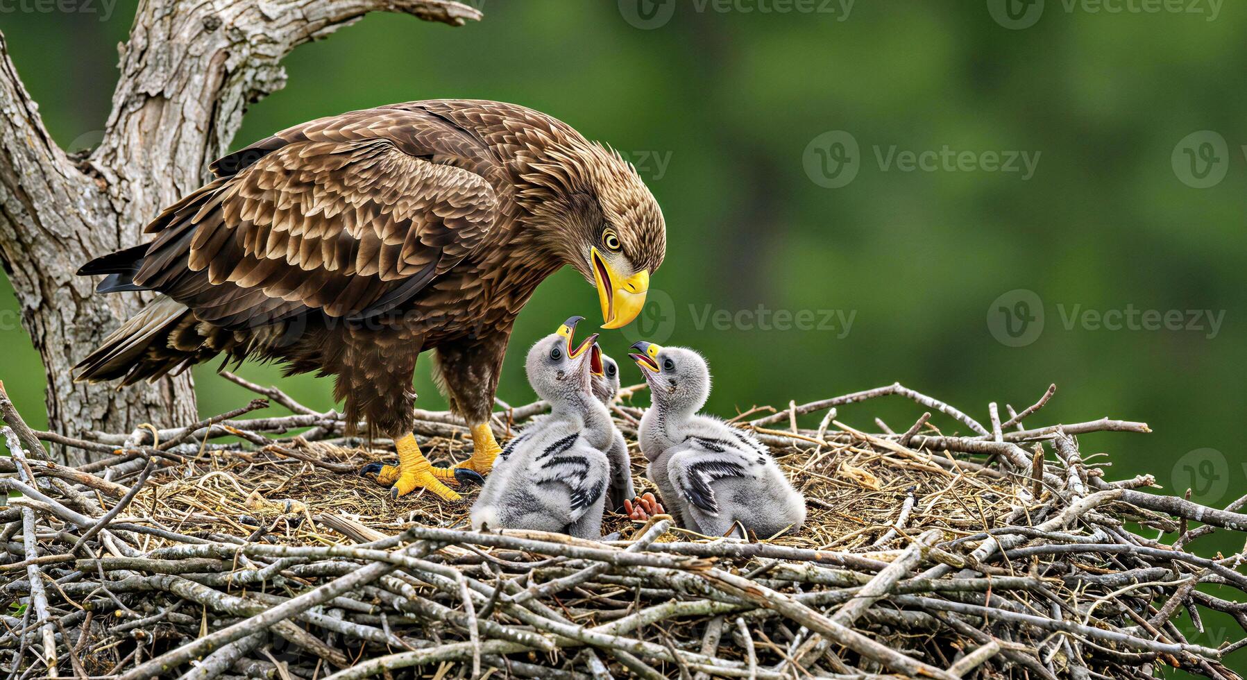 A large eagle feeds two baby birds in its nest photo