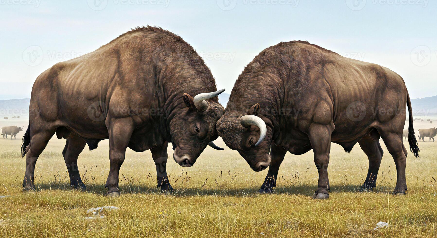 Two large brown bison fighting in a field photo