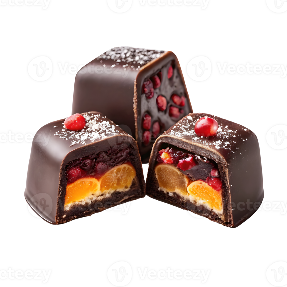 Chocolate dessert cubes with citrus and berry fillings on a transparent background png
