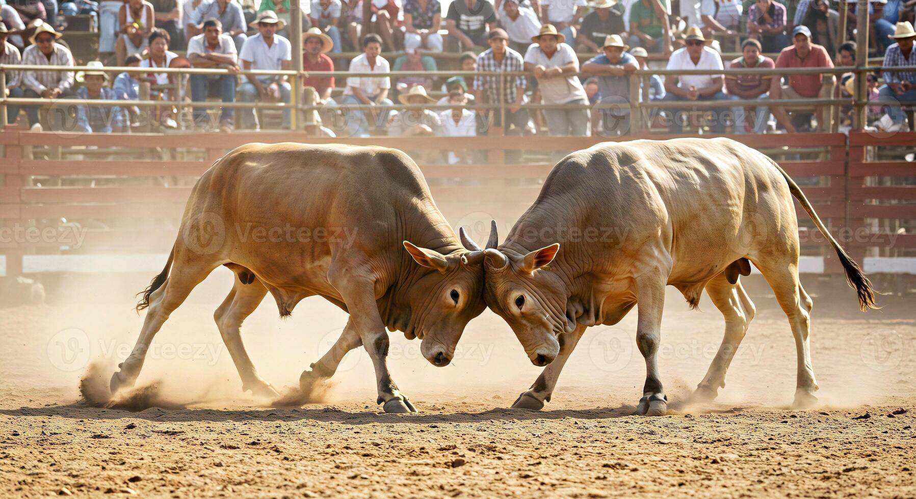 Two bulls fighting in a ring with a crowd watching photo