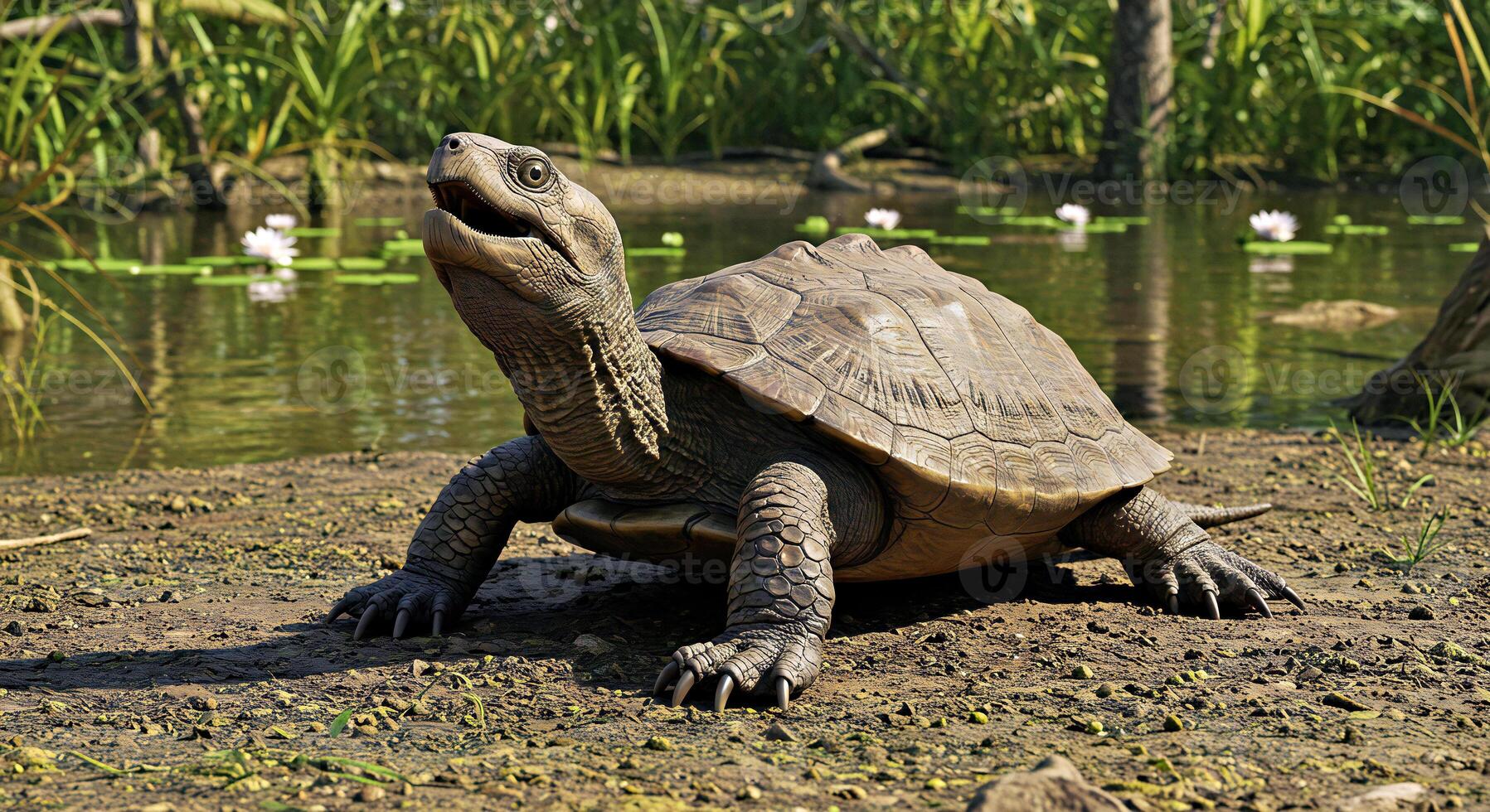 A turtle is standing on the ground near a pond photo