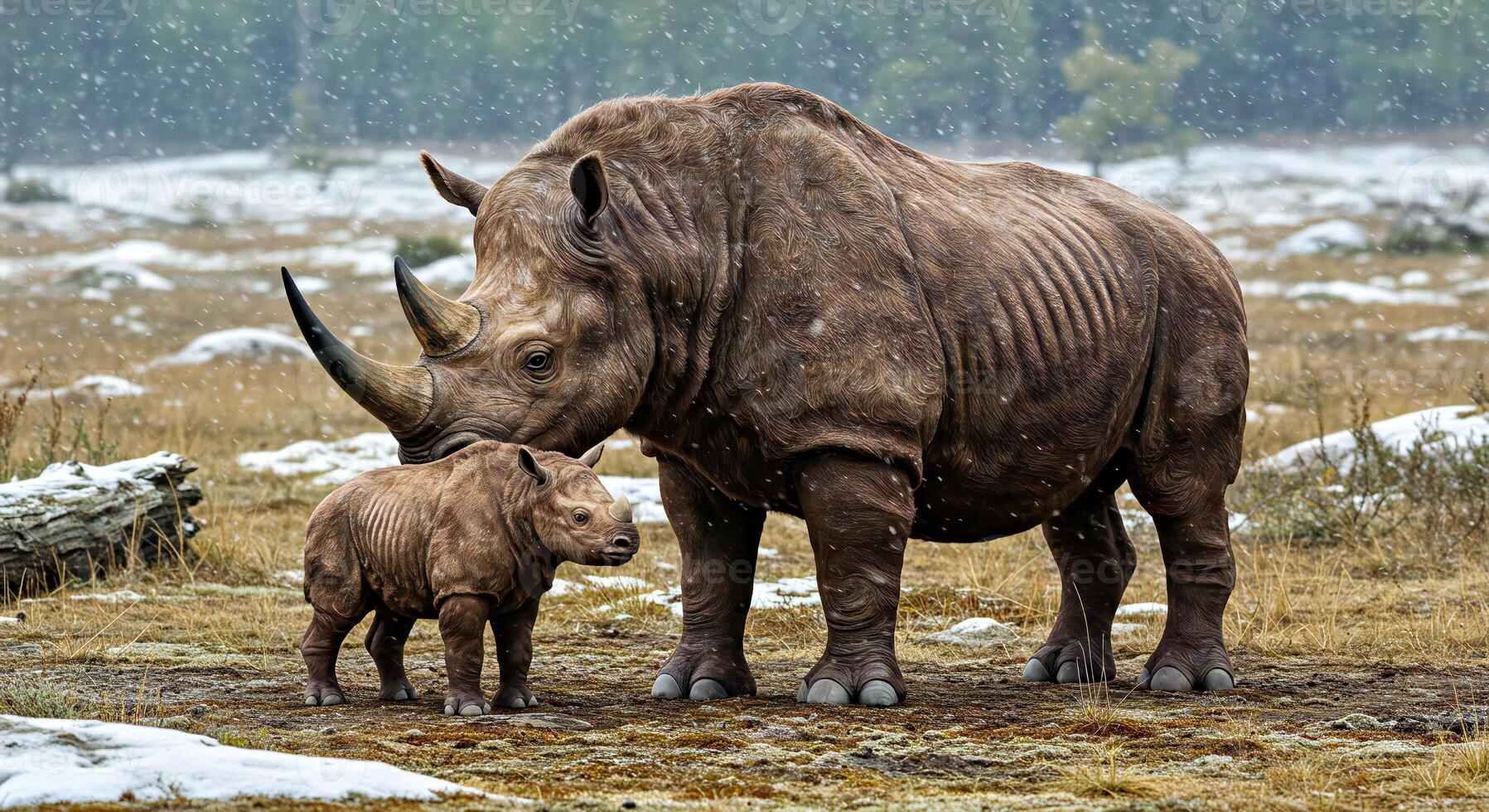 A rhino and its baby are standing in the snow photo