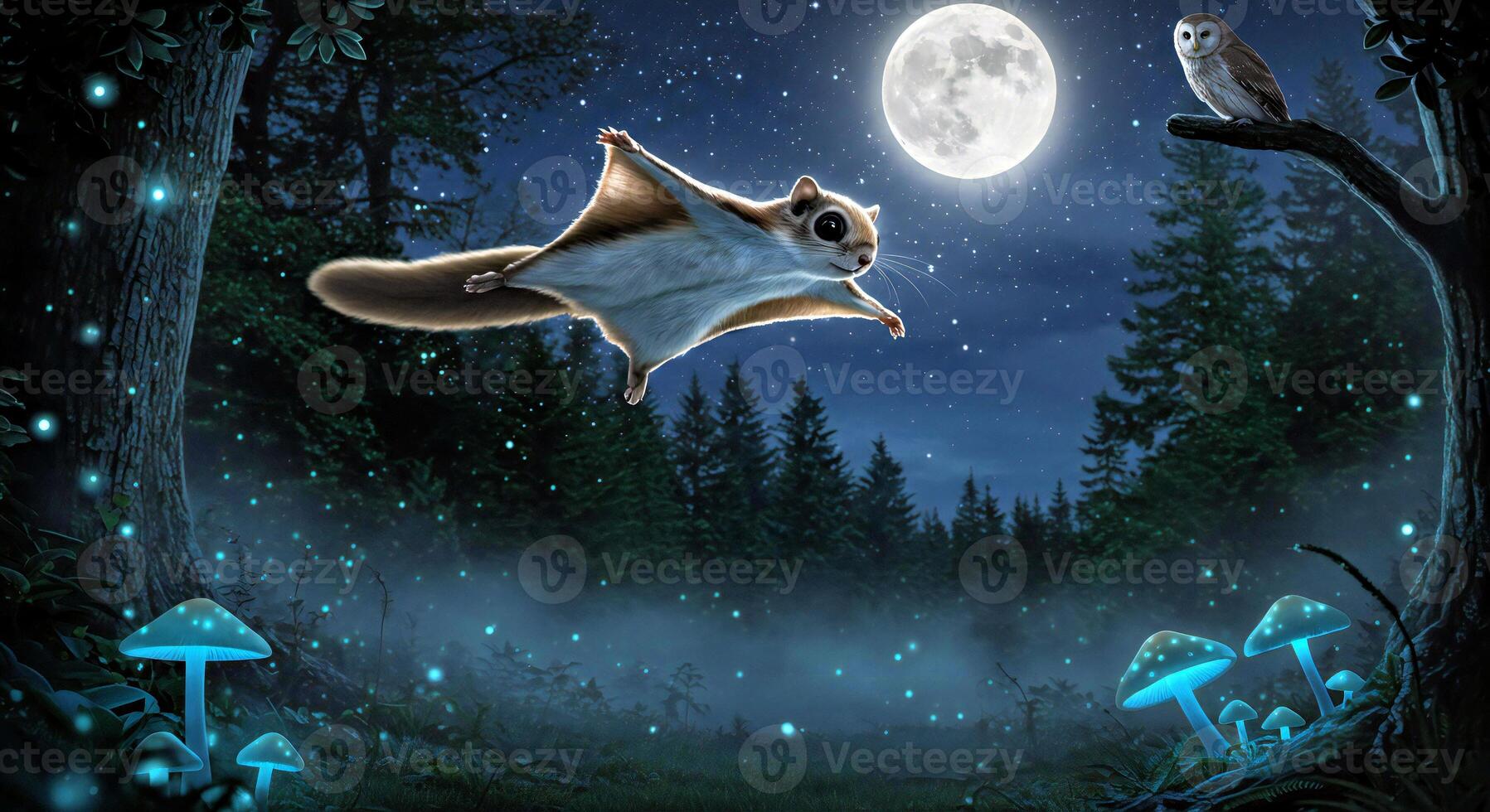 A squirrel flying over a forest with mushrooms and bats photo