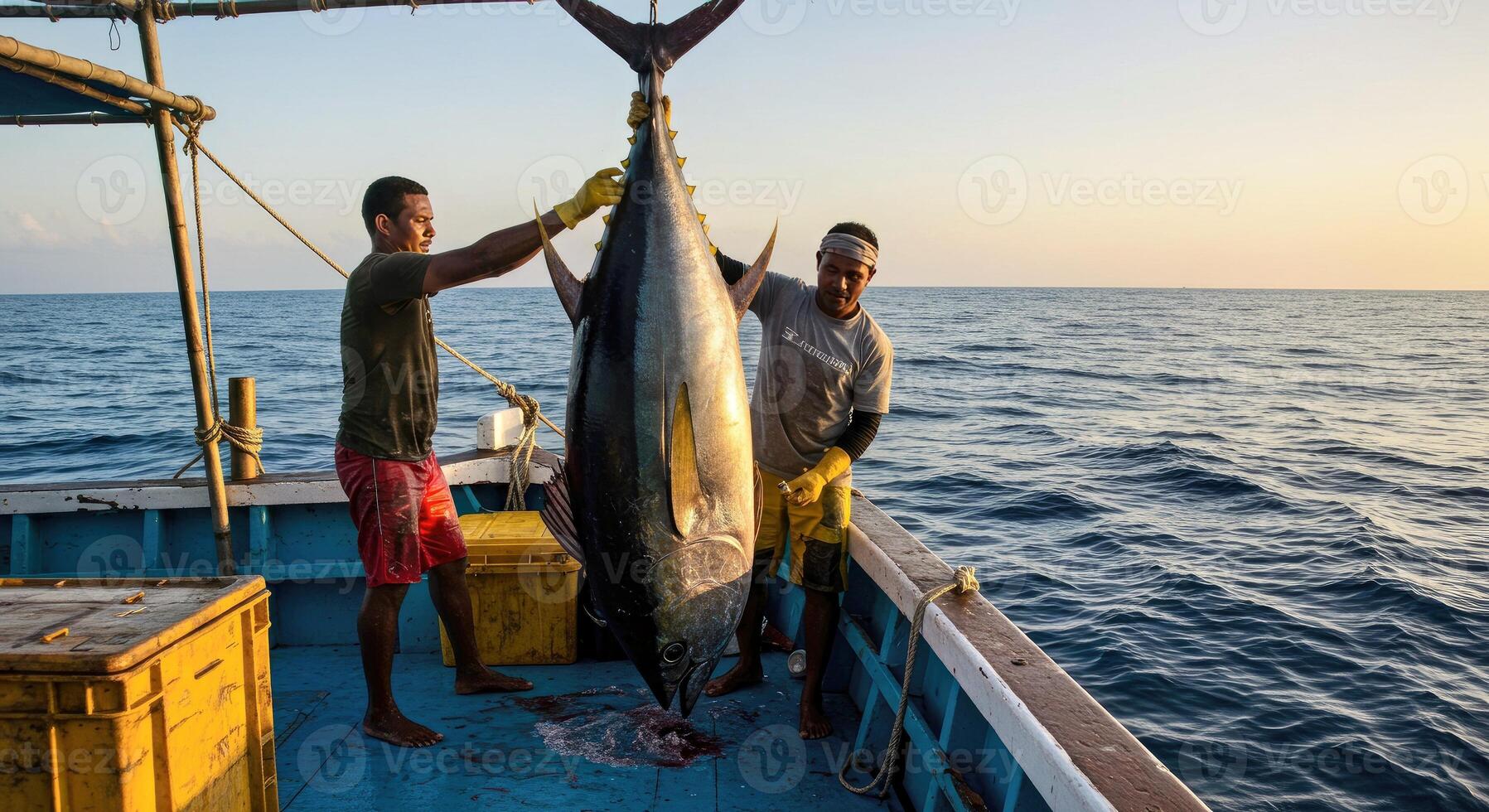 Two men are holding up a large tuna photo