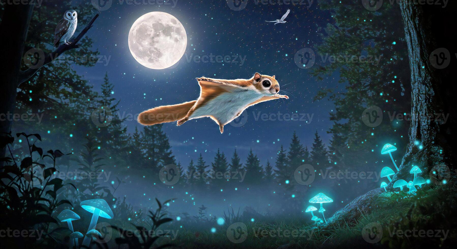 A squirrel flying over a forest at night photo