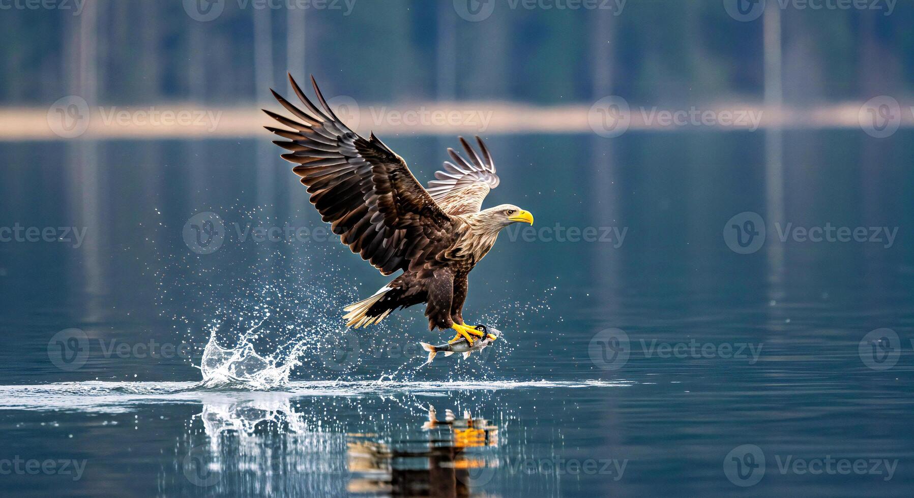 An eagle is flying over the water with its wings spread photo