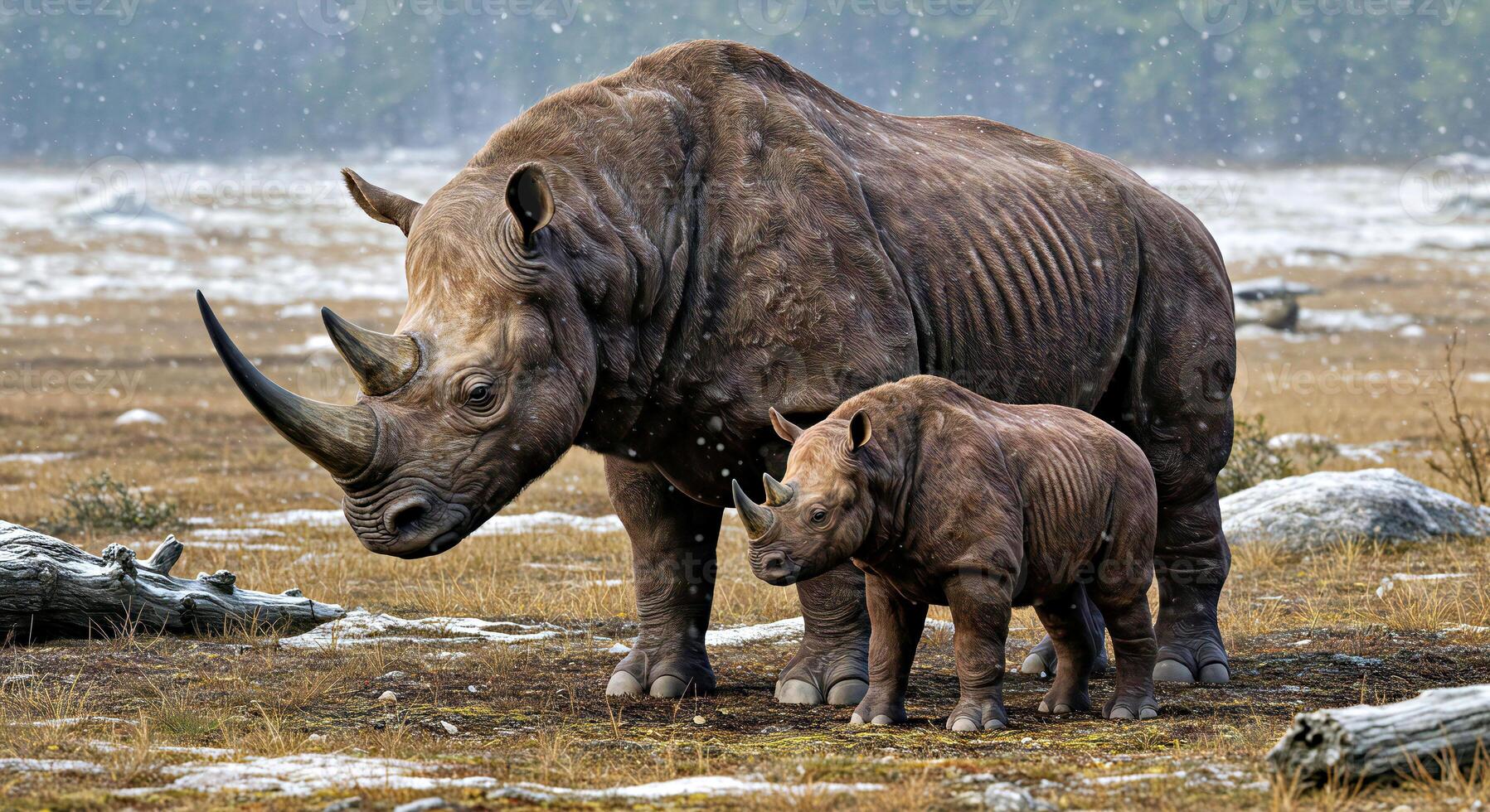A mother rhino and her baby are standing in the snow photo