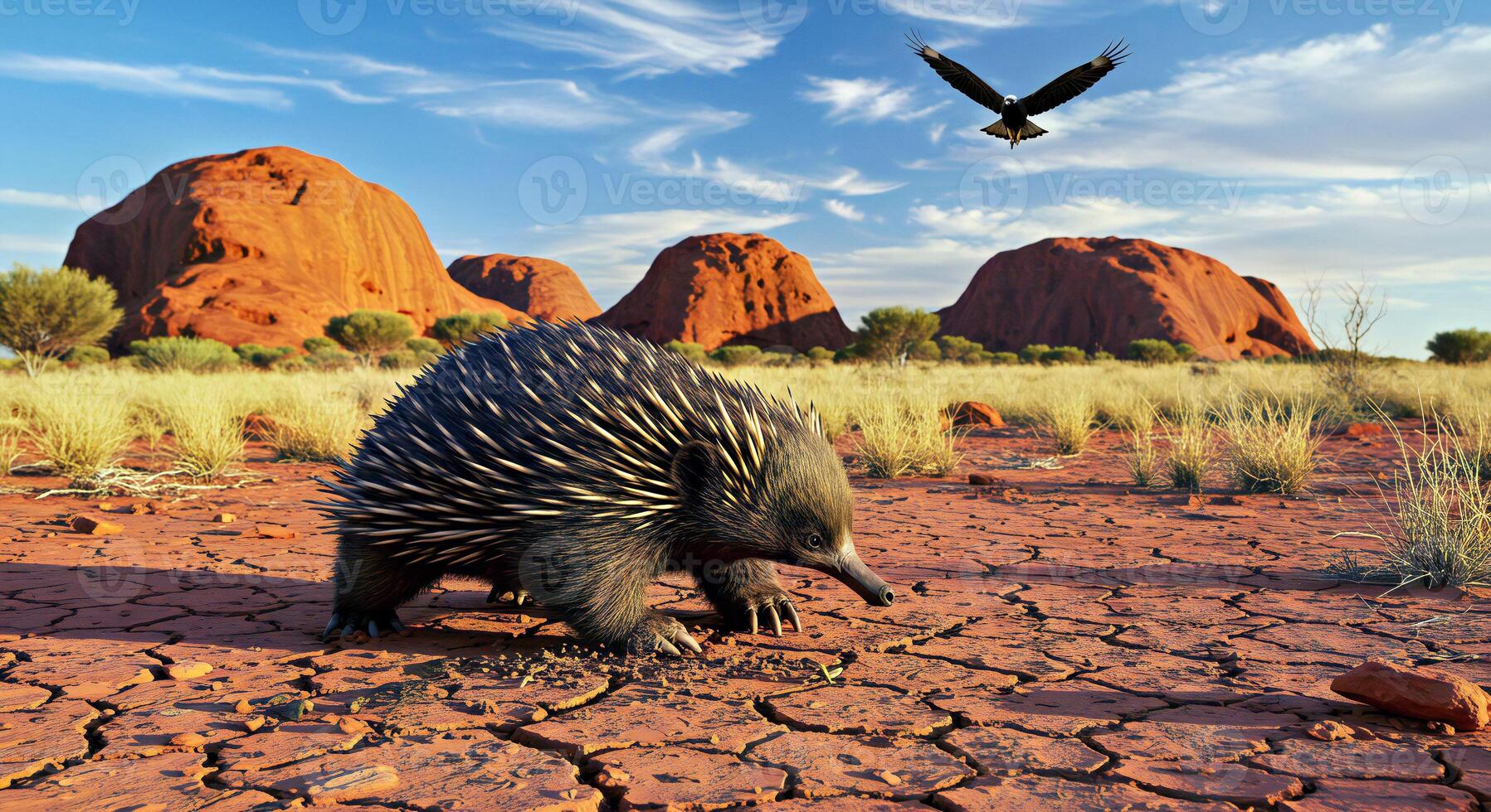 A bird is flying over a desert with a small animal photo