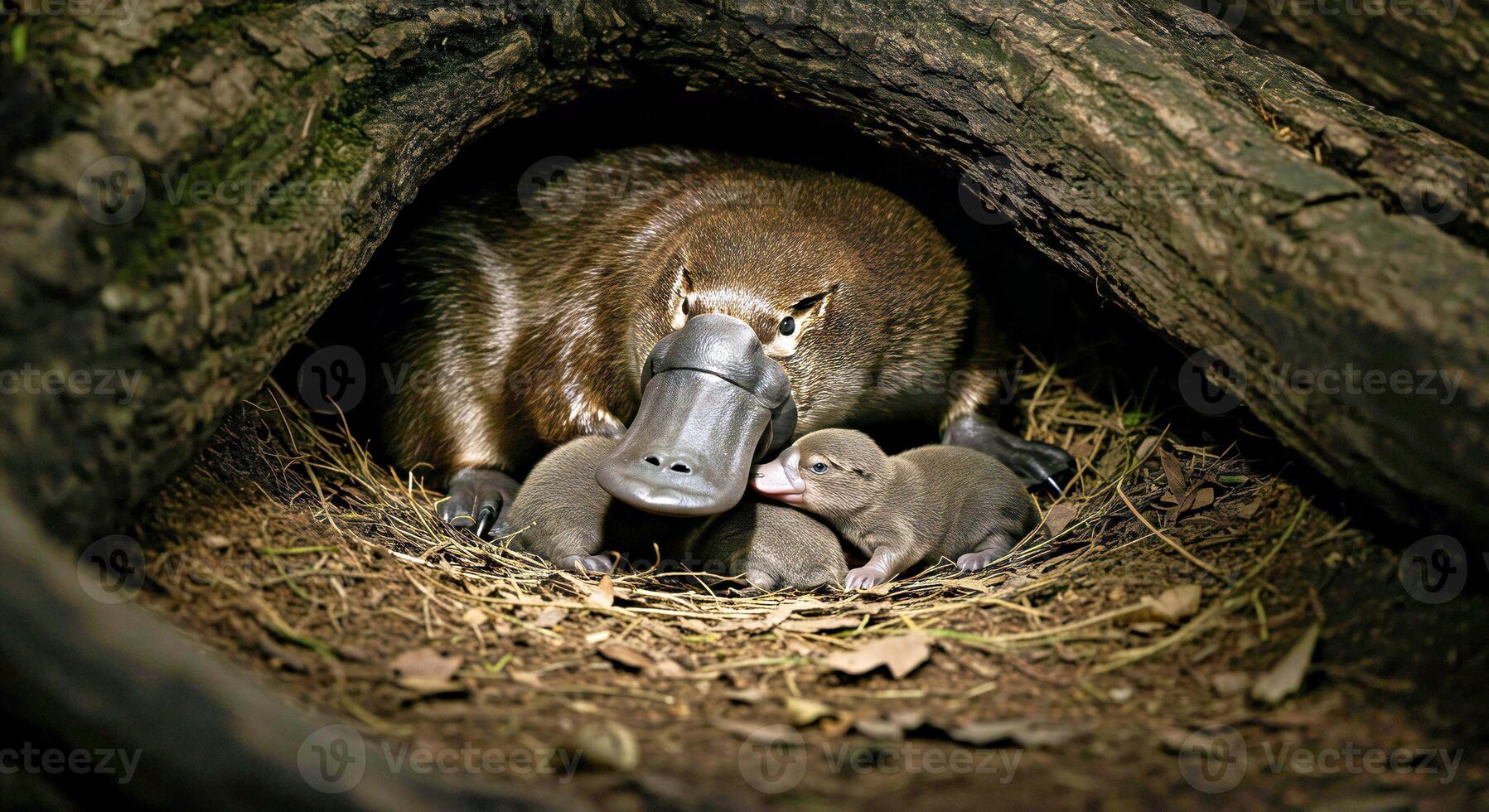 A mother platypus with her babies photo