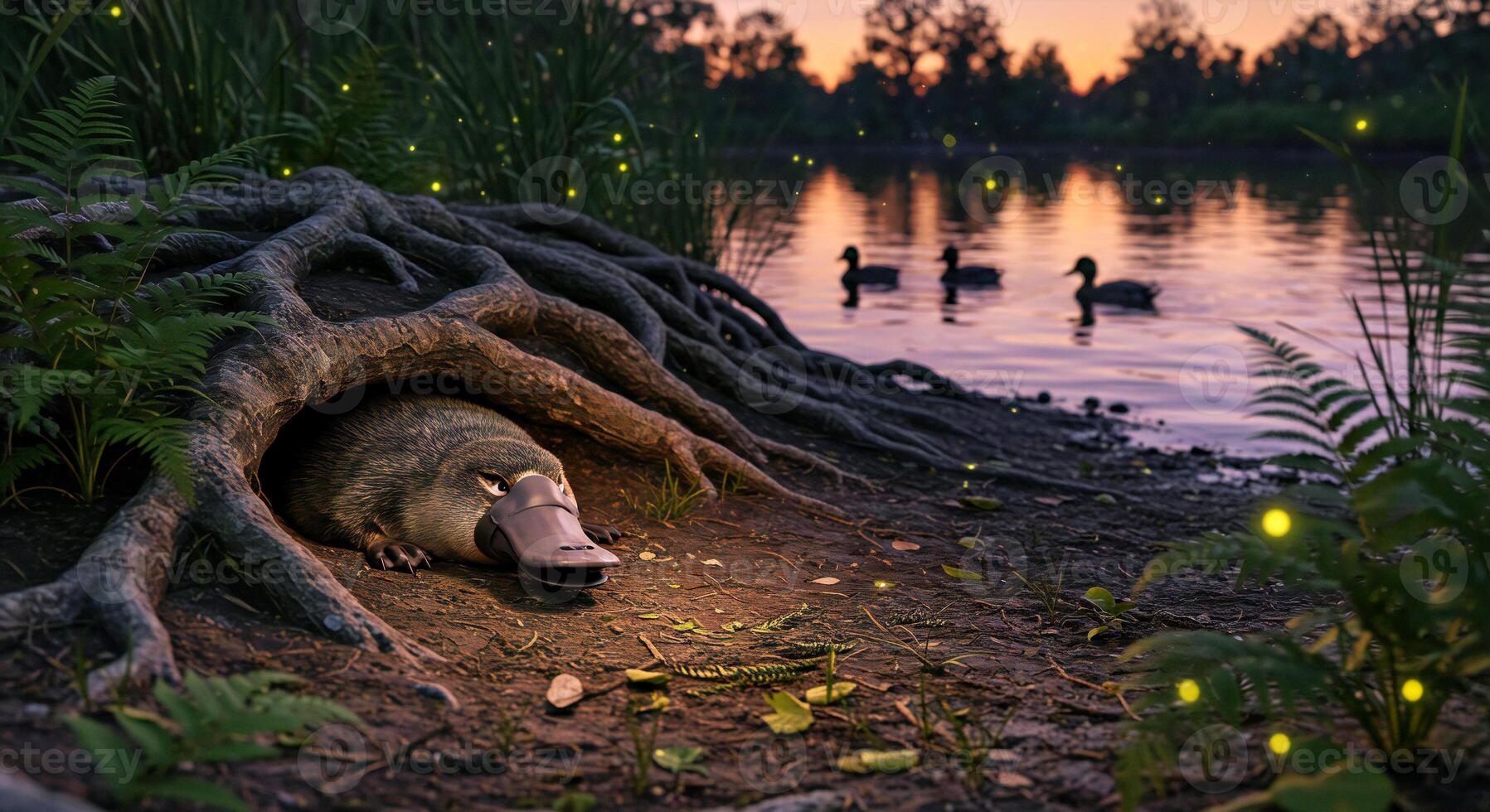 A platypus is sitting in a hole in the ground photo
