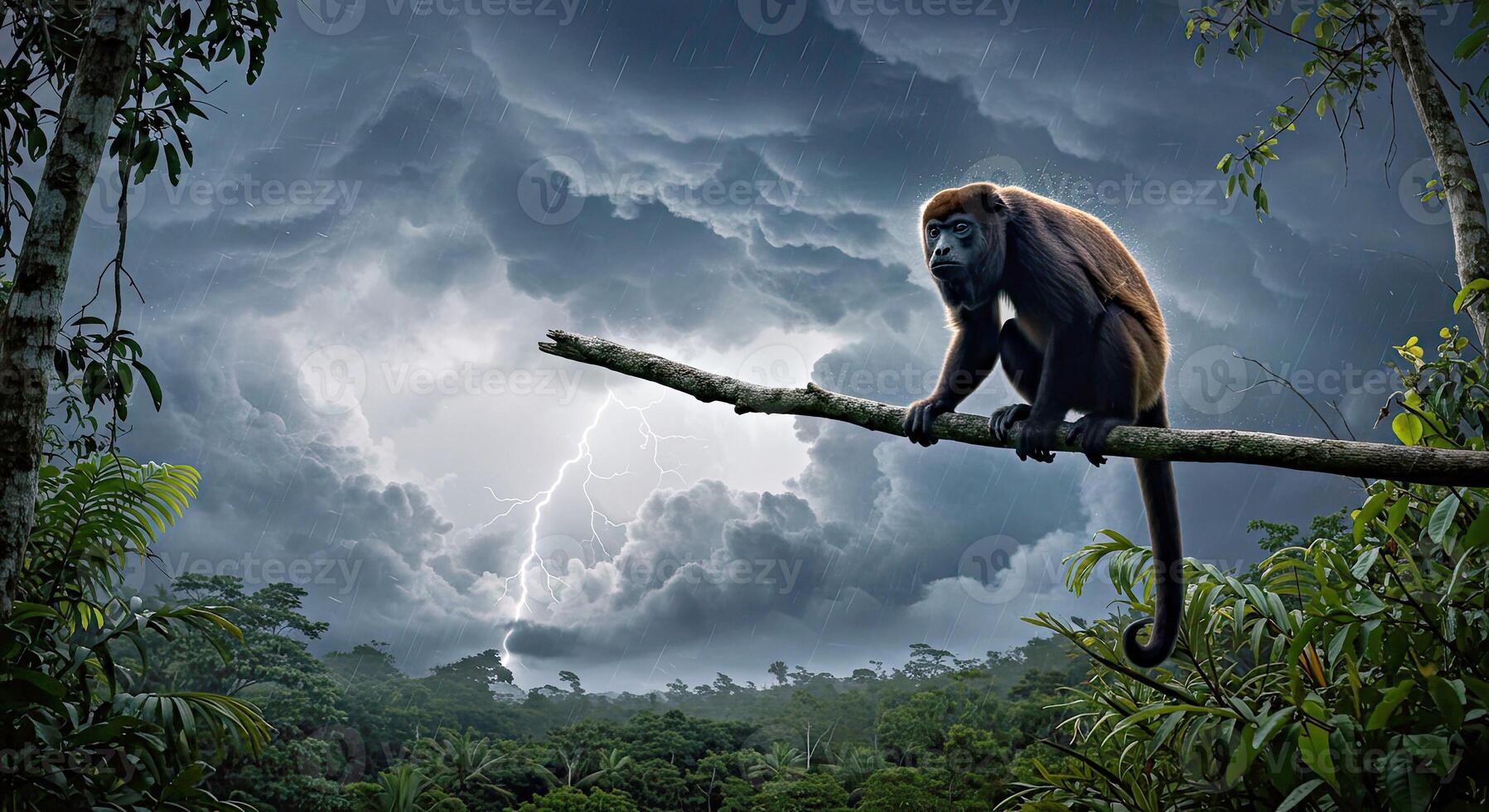 A monkey sits on a branch in the rain photo