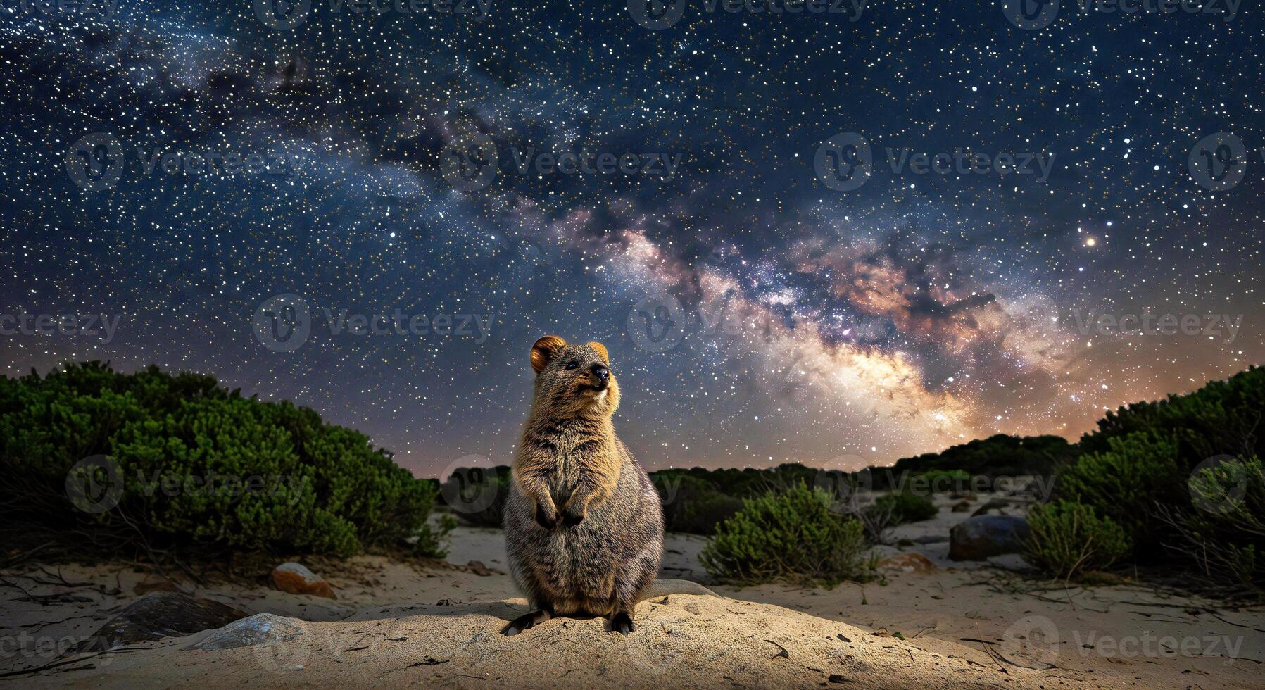 A kangaroo stands on a rock in the desert under a starry sky photo