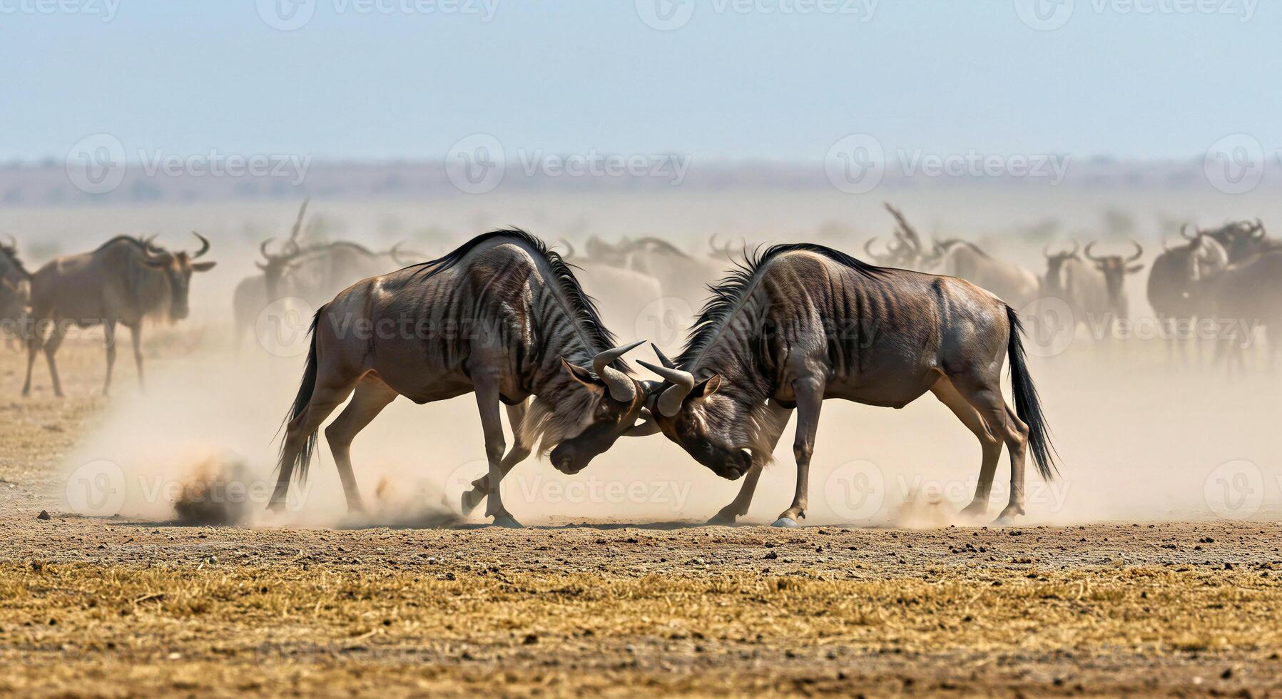 Wildebeest fighting in the kenya wildebeest migration photo