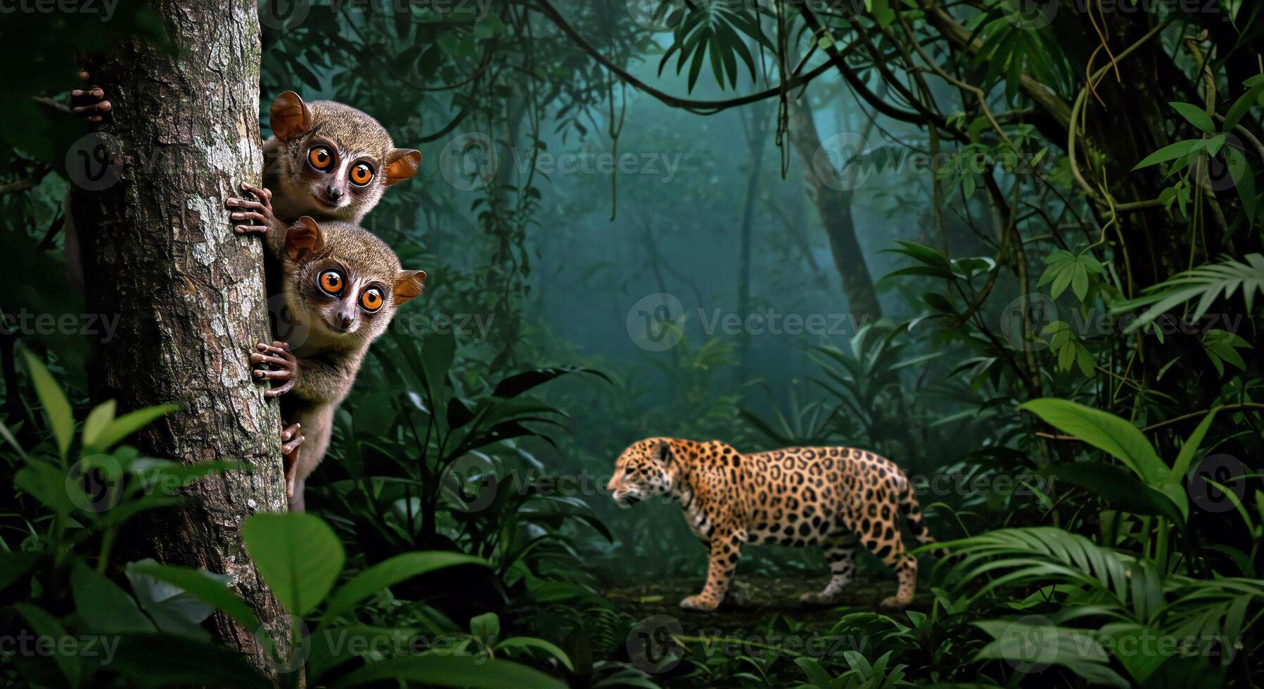 Two leopards are standing on a tree in the jungle photo