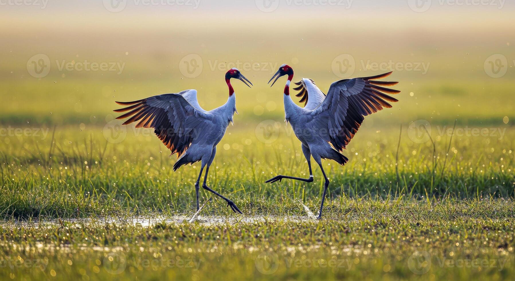 Two birds are standing in the grass with their wings spread photo