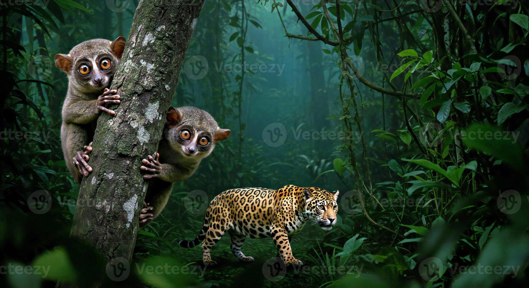 Two leopards and a jaguar in the jungle photo