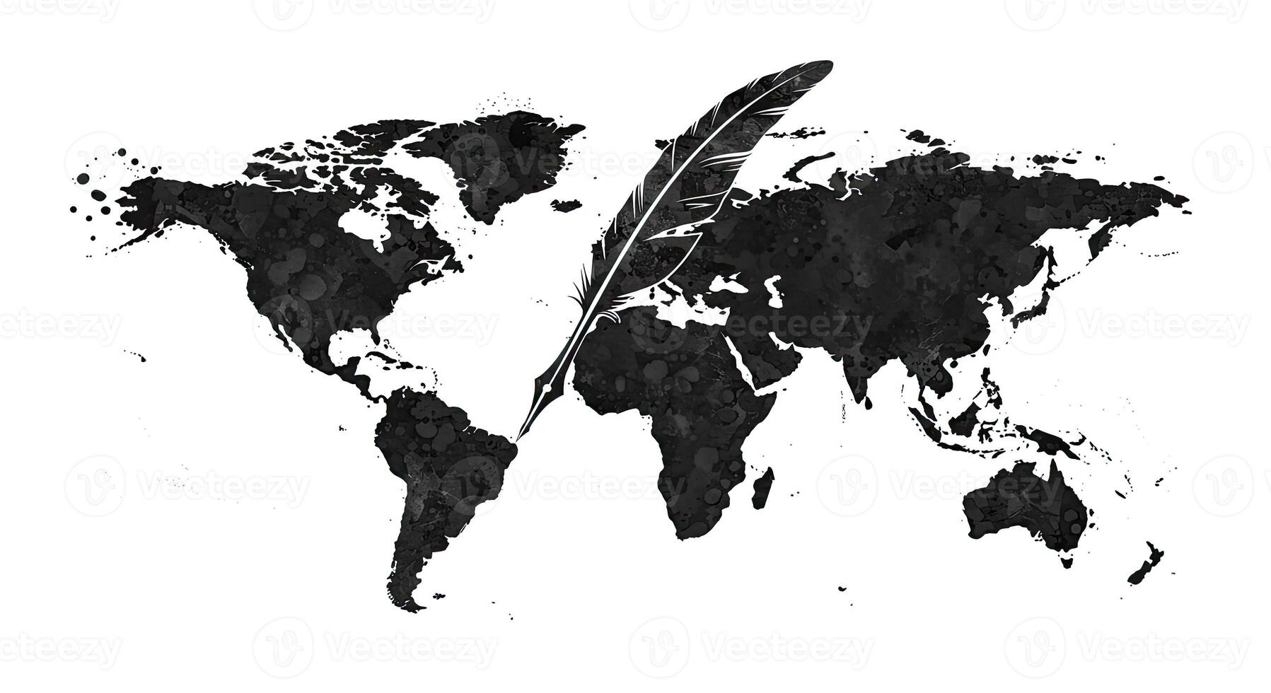 A black and white world map with a feather on it photo