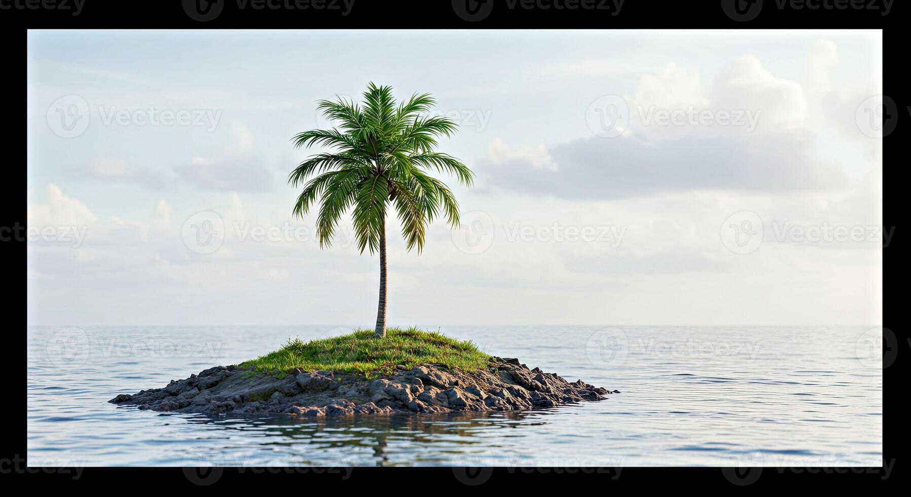 A palm tree is standing on an island in the ocean photo