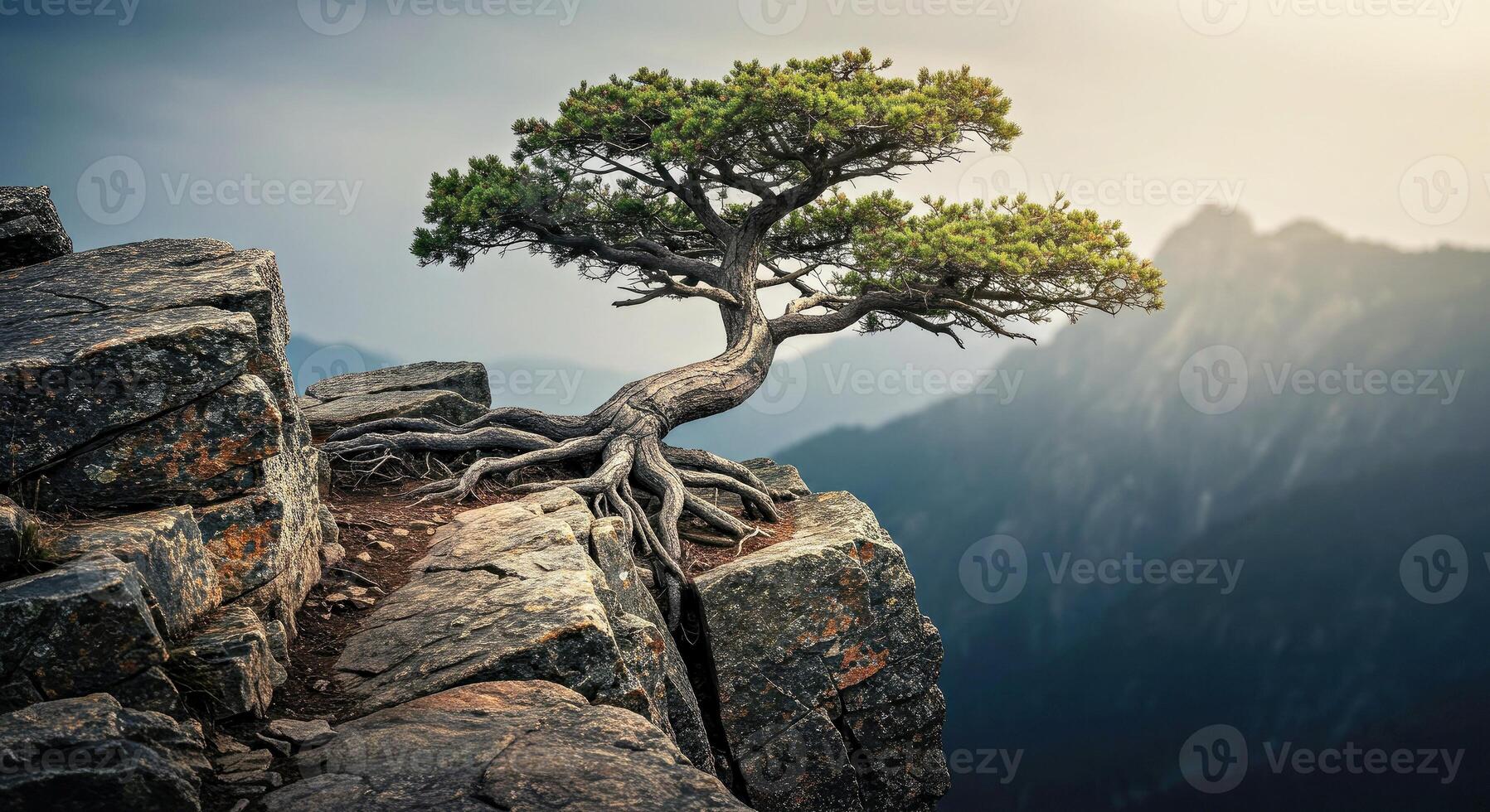 A lone tree growing on top of a mountain photo