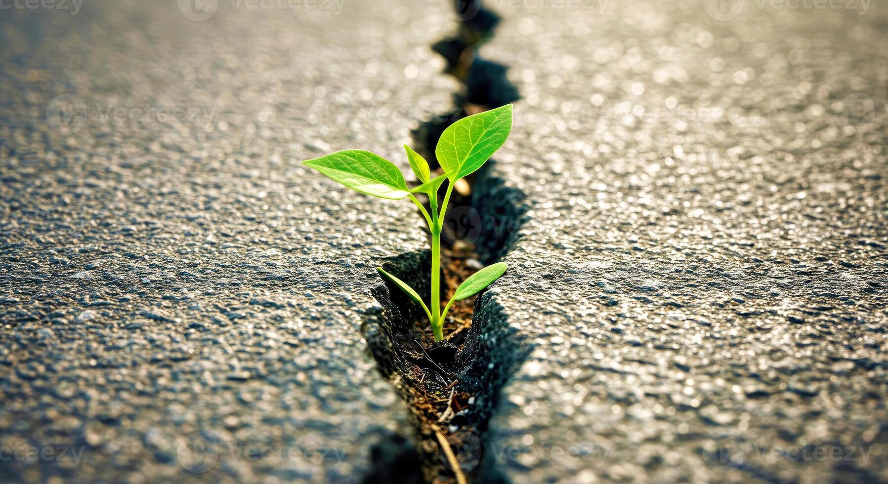 A plant growing out of a crack in the asphalt photo