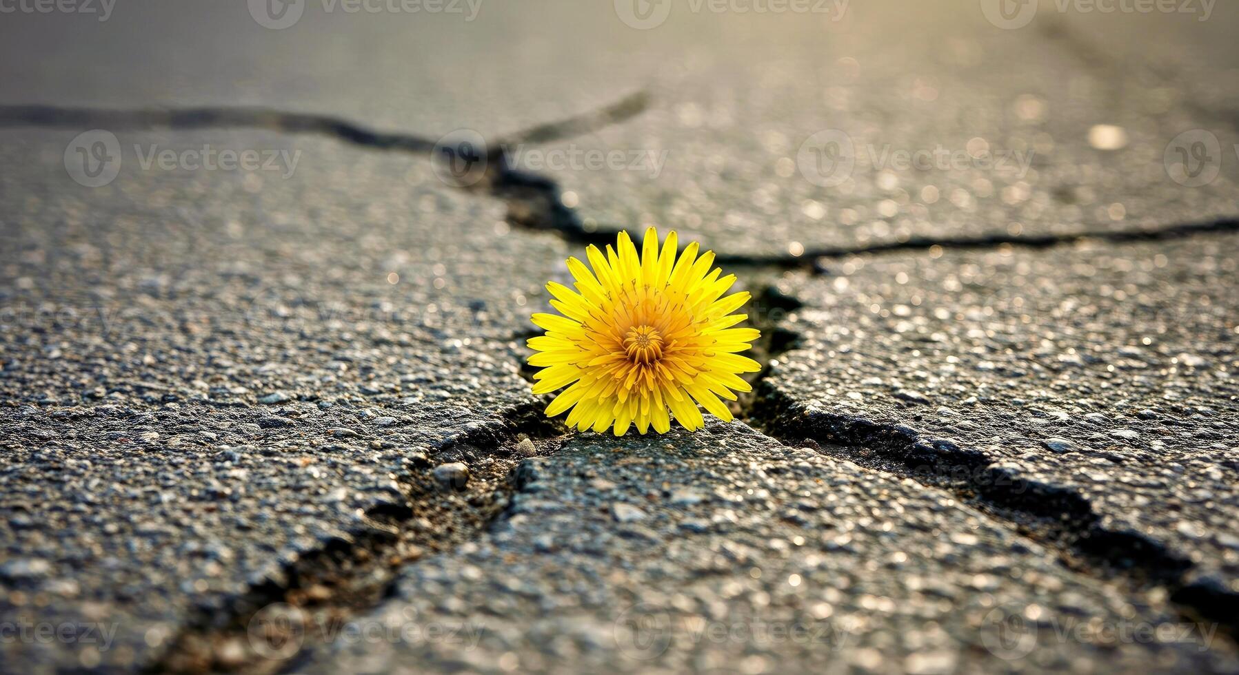 A single yellow flower is growing through a crack in the asphalt photo