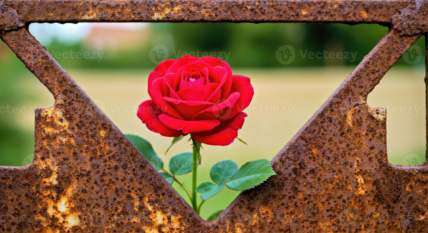 A red rose is seen through a rusted metal frame photo