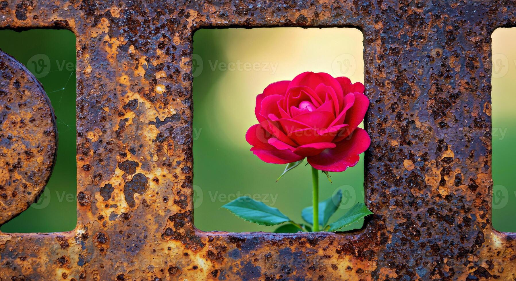A red rose is seen through a hole in a rusty metal fence photo