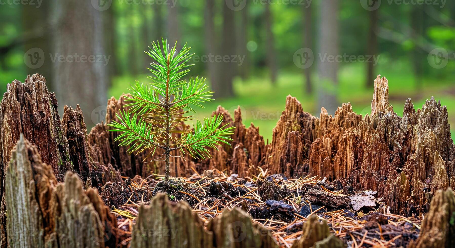 A small tree is growing out of a stump in the woods photo