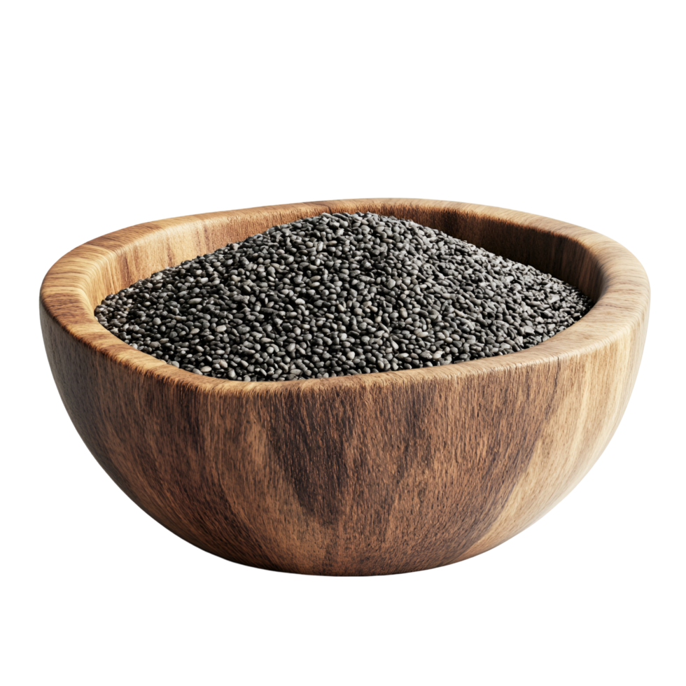 Rustic Wooden Bowl Filled with Nutrient-Rich Black Sesame Seeds Perfect for Healthy Cooking and Garnishing png