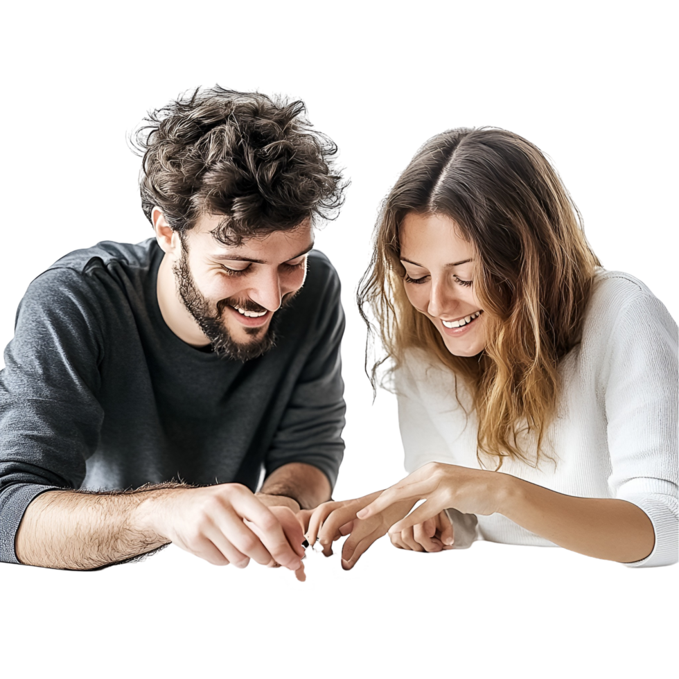 Curious Couple Looking at a Smartphone on a Table With Focused Expressions png