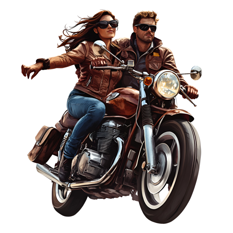 Romantic Couple Riding a Stylish Motorcycle on an Exciting Road Trip Adventure png