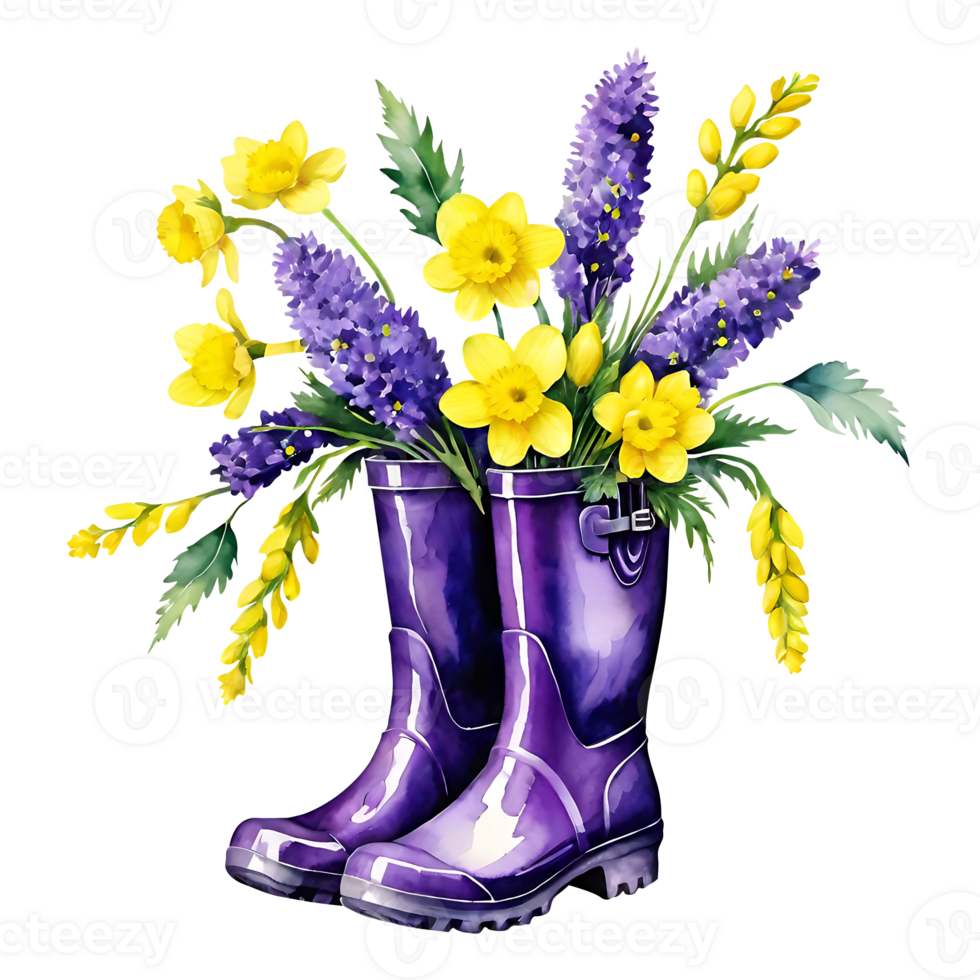 Colorful flowers bloom from vibrant purple rubber boots placed on a transparentbackground.watercolor painting png