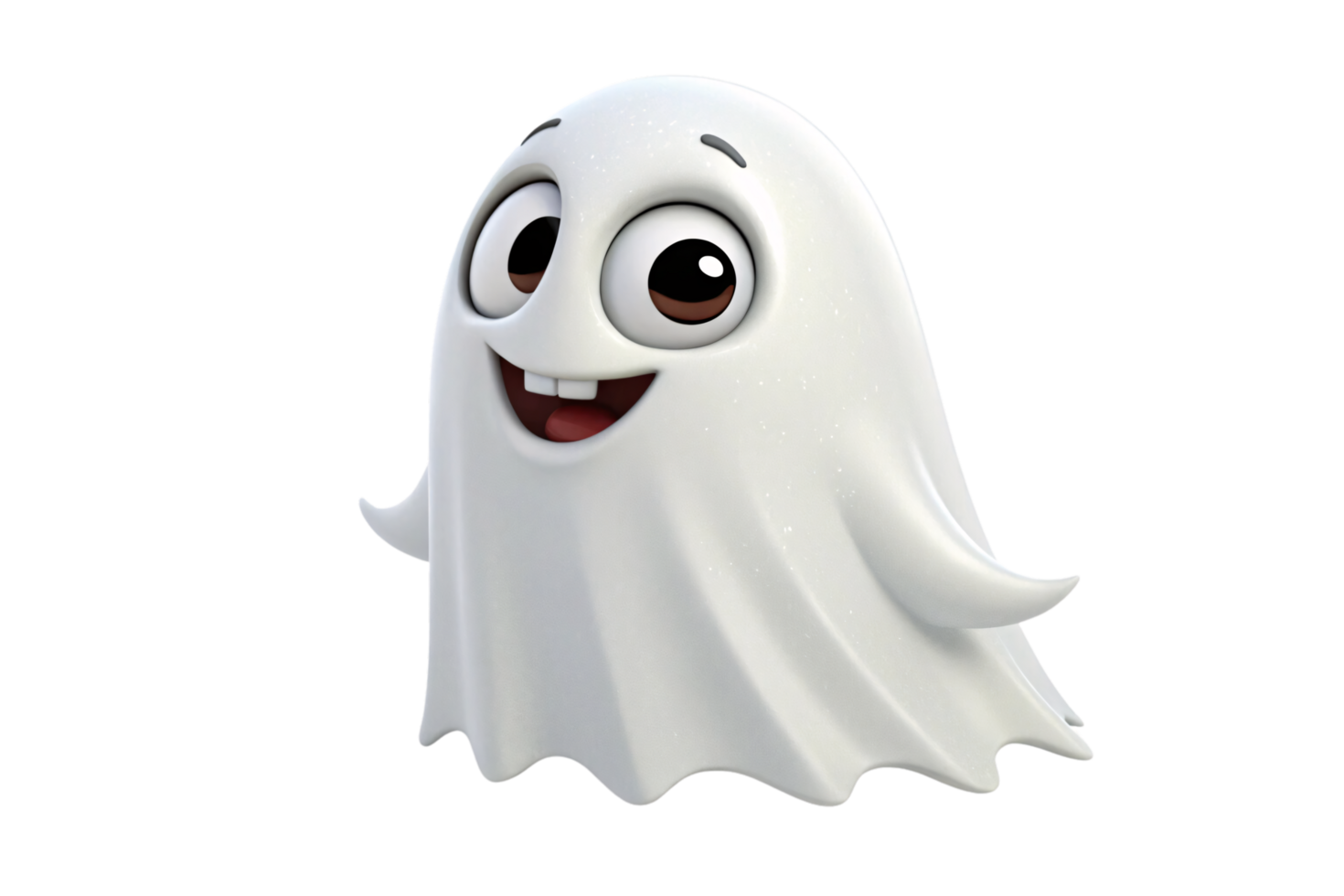 A cheerful ghost with sparkling white drapery, large expressive eyes, and a wide smile, exuding a playful and friendly vibe png