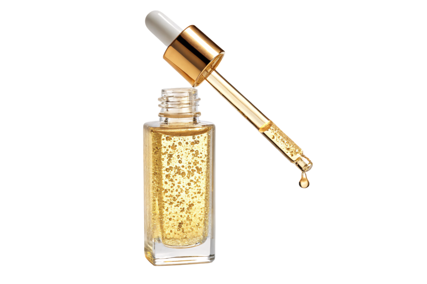 A sleek cylindrical bottle of golden serum. A gold-capped dropper with visible measurement markings adds functionality and sophistication png