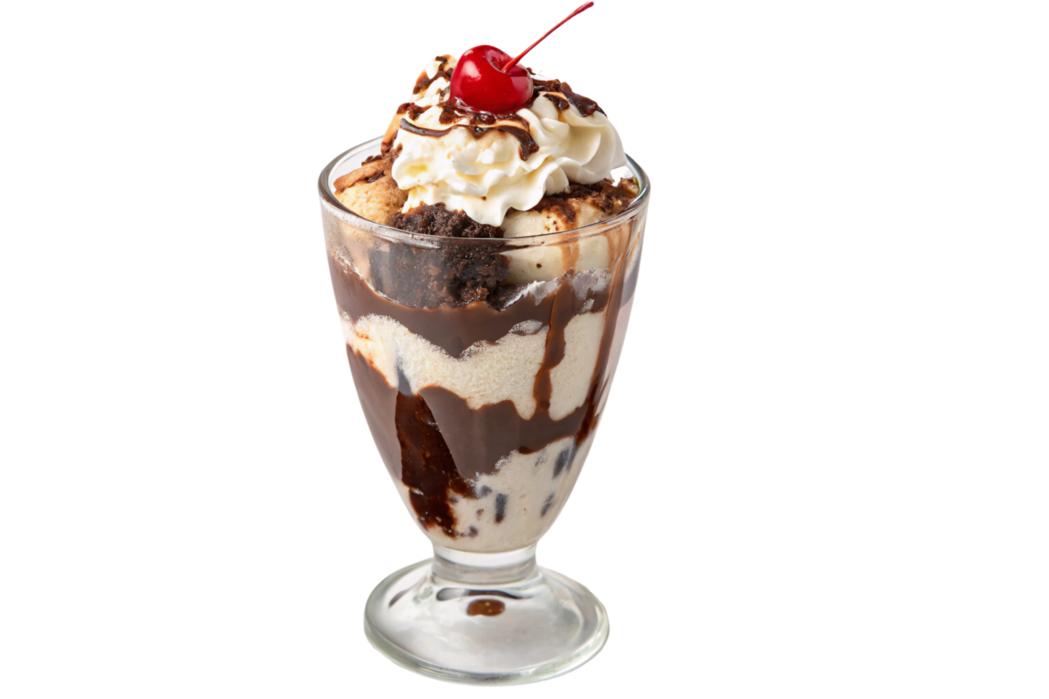 A layered dessert in a glass with chocolate, ice cream, brownie chunks, whipped cream, chocolate drizzle, and a cherry for ultimate indulgence png