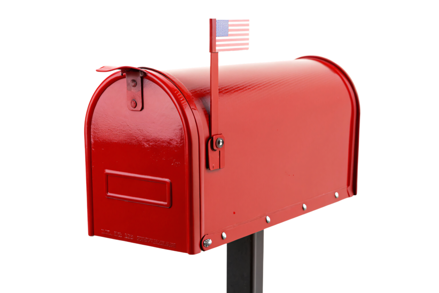 A classic red mailbox featuring a raised flag with the American flag motif, standing on a black post with riveted details png
