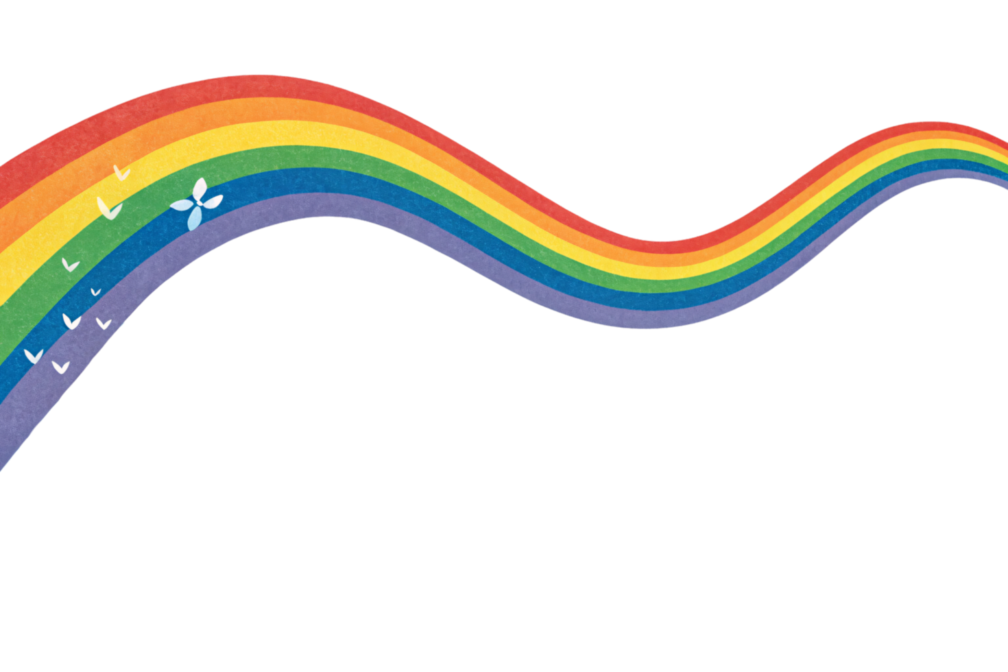 A dynamic wave-like streak of vibrant rainbow colors, accompanied by small white birds and a simple flower, exuding freedom and harmony png