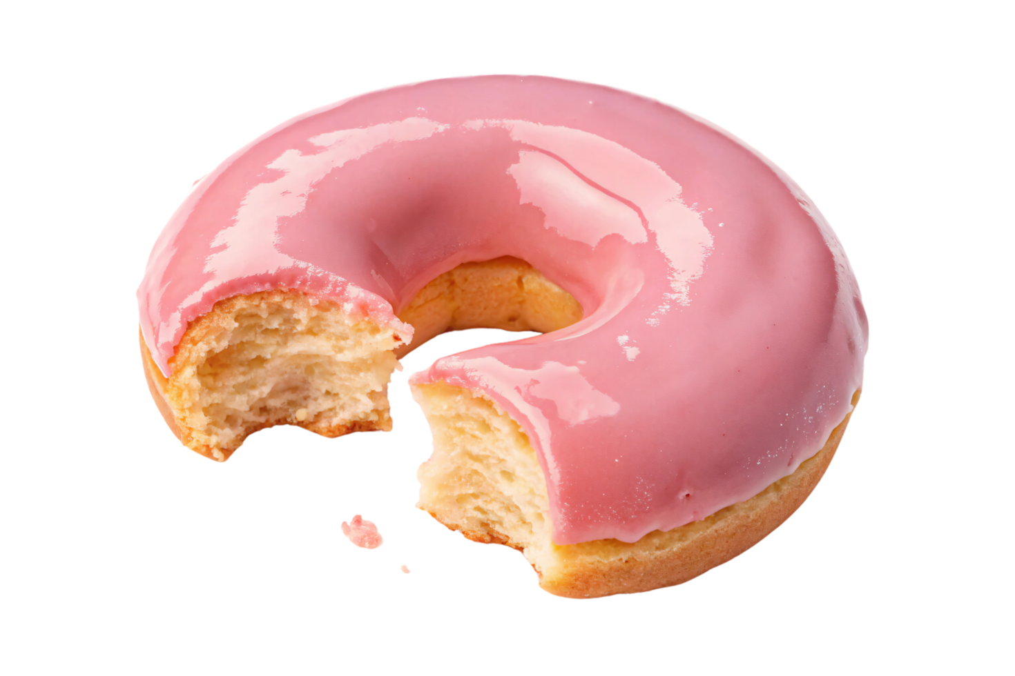 A classic donut topped with shiny pink glaze, a bite taken to reveal the soft, fluffy inside, tempting and indulgent png