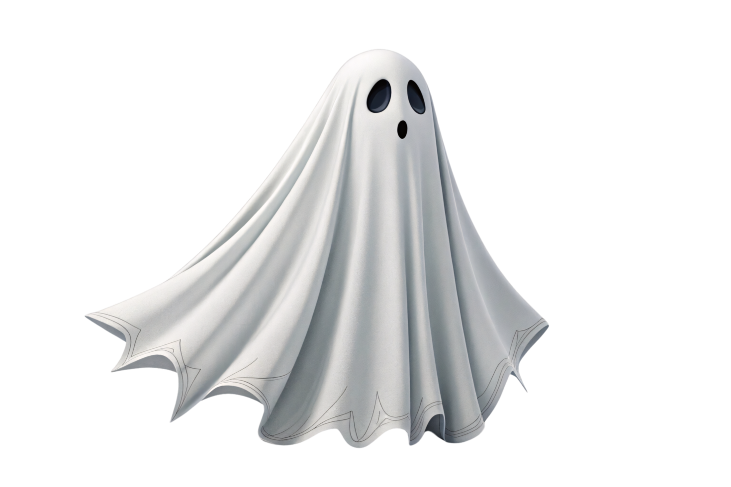 A side-angled perspective of a cartoon ghost. Fabric edges ripple, highlighting movement, with subtle shadows for a three-dimensional effect png