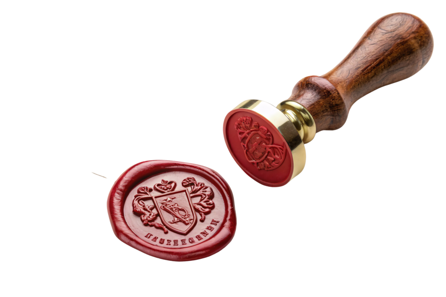 Red wax seal featuring a shield and decorative floral motifs, accompanied by a gold stamp with intricate details, exuding elegance and authority png
