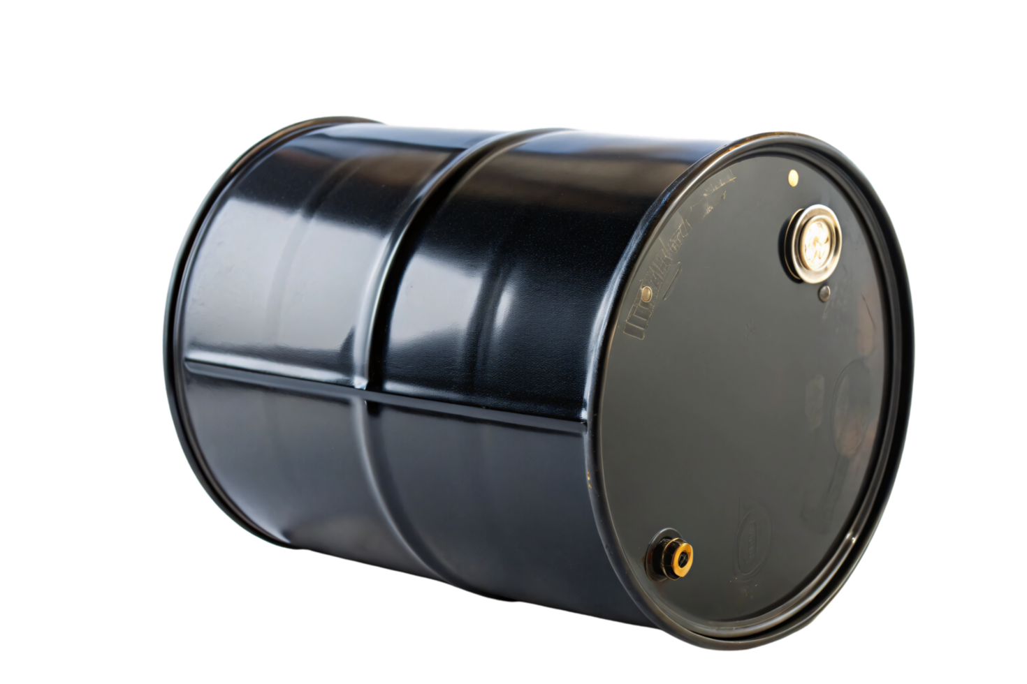 A sleek black metal barrel lying horizontally, its shiny surface reflecting light with visible access points and industrial branding png