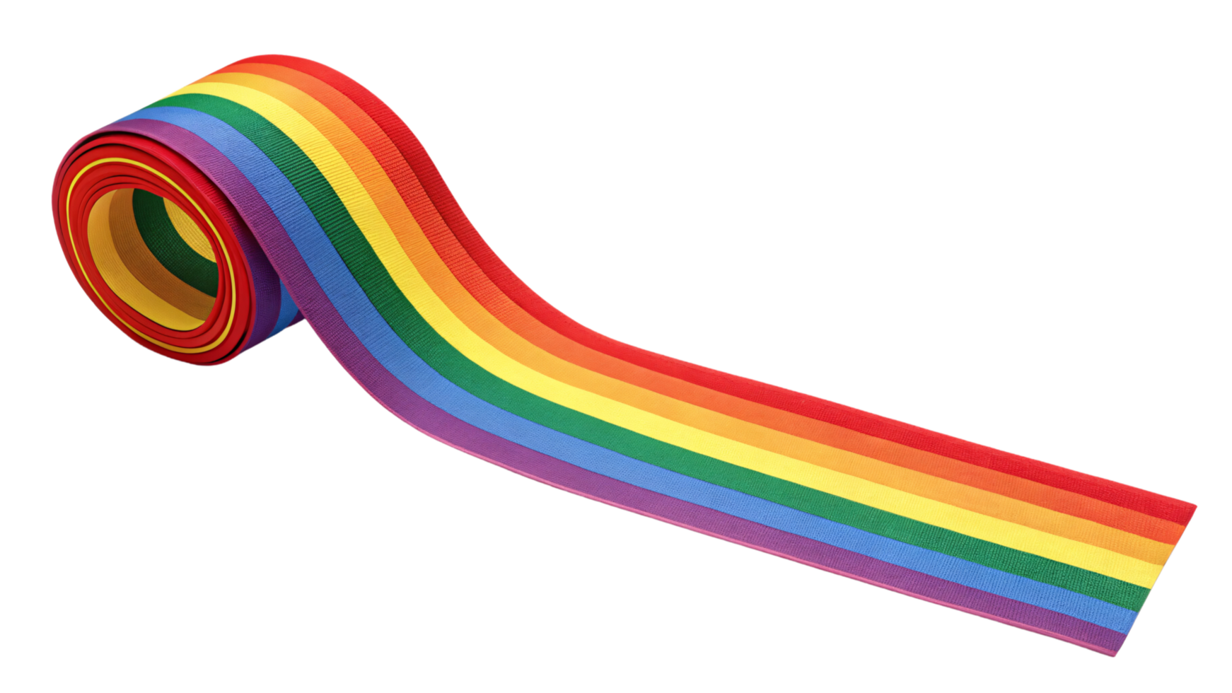 A neatly rolled ribbon featuring vibrant rainbow stripes, arranged in a gradient from red to violet png